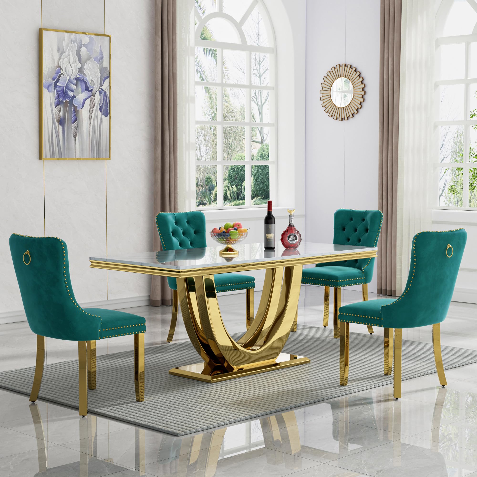 68" Marble Dining Table Set for 4, Luxury White Gold Kitchen Table with 4 Green Velvet Dining Chairs Modern Fuax Marble 5-Piece Dining Room Table Set for 4 w/Stainless Steel Base