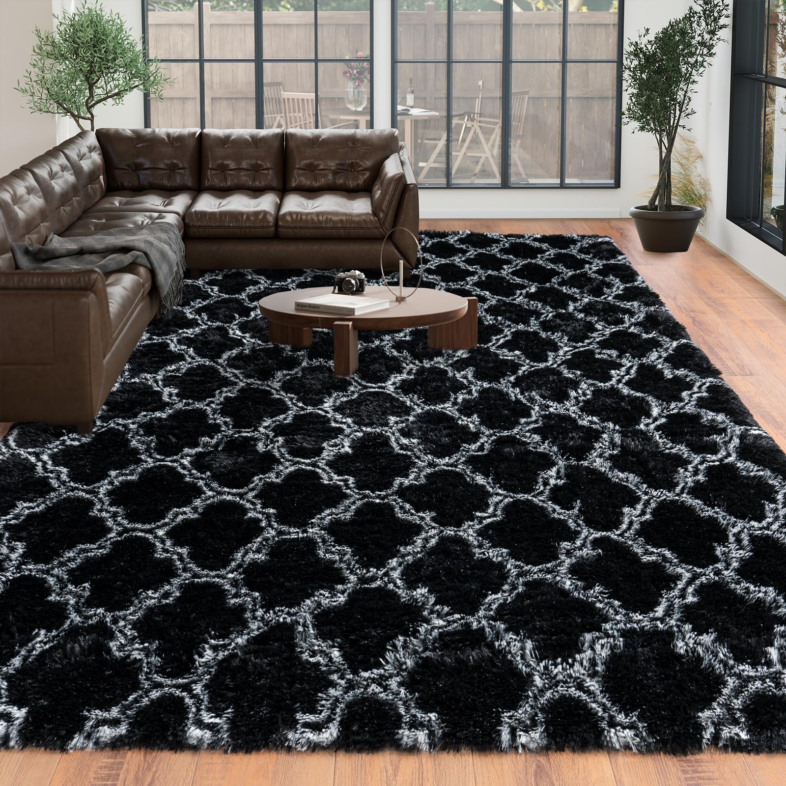 Dssimo Super Fluffy Moroccan Trellis 8x10 Area Rugs for Living Room, Modern Large Geometry Black Rug for Bedroom, Non-Slip Plush Shaggy Thick Black