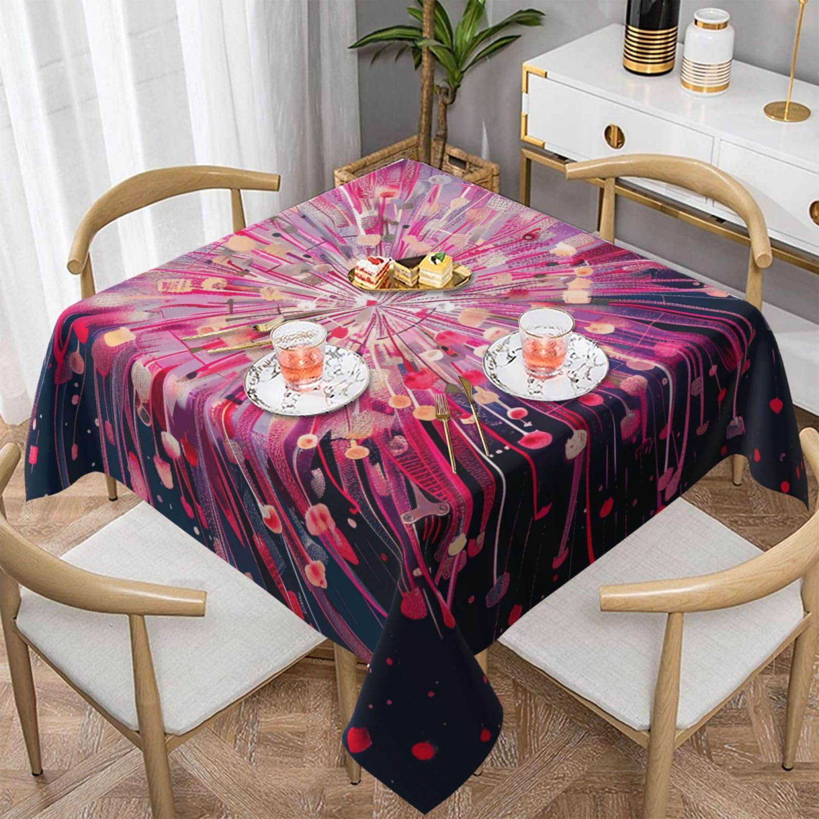 WPKJU Fireworks Art Printed Square Tablecloth 54x54 inch Water Resistant Table Cover Washable Rectangle Table Cloth for Dining Tables