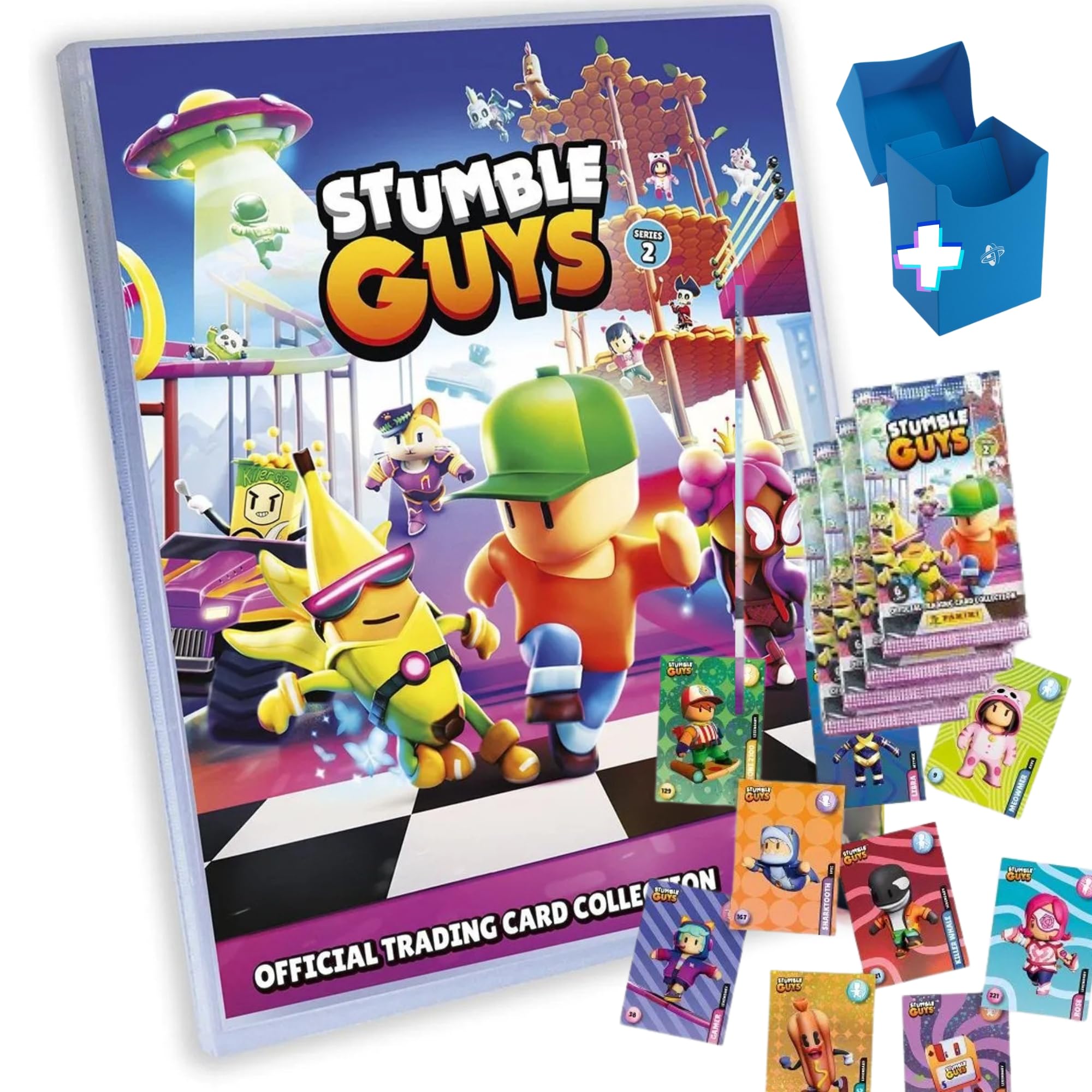 Trading Cards Stumble Guys Panini | Serie 2 | Álbum Oficial + Packs de Cartas Coleccionables | No Adhesivos | Incluye Caja para Repetidas (Plus: Álbum + 8 Sobres)