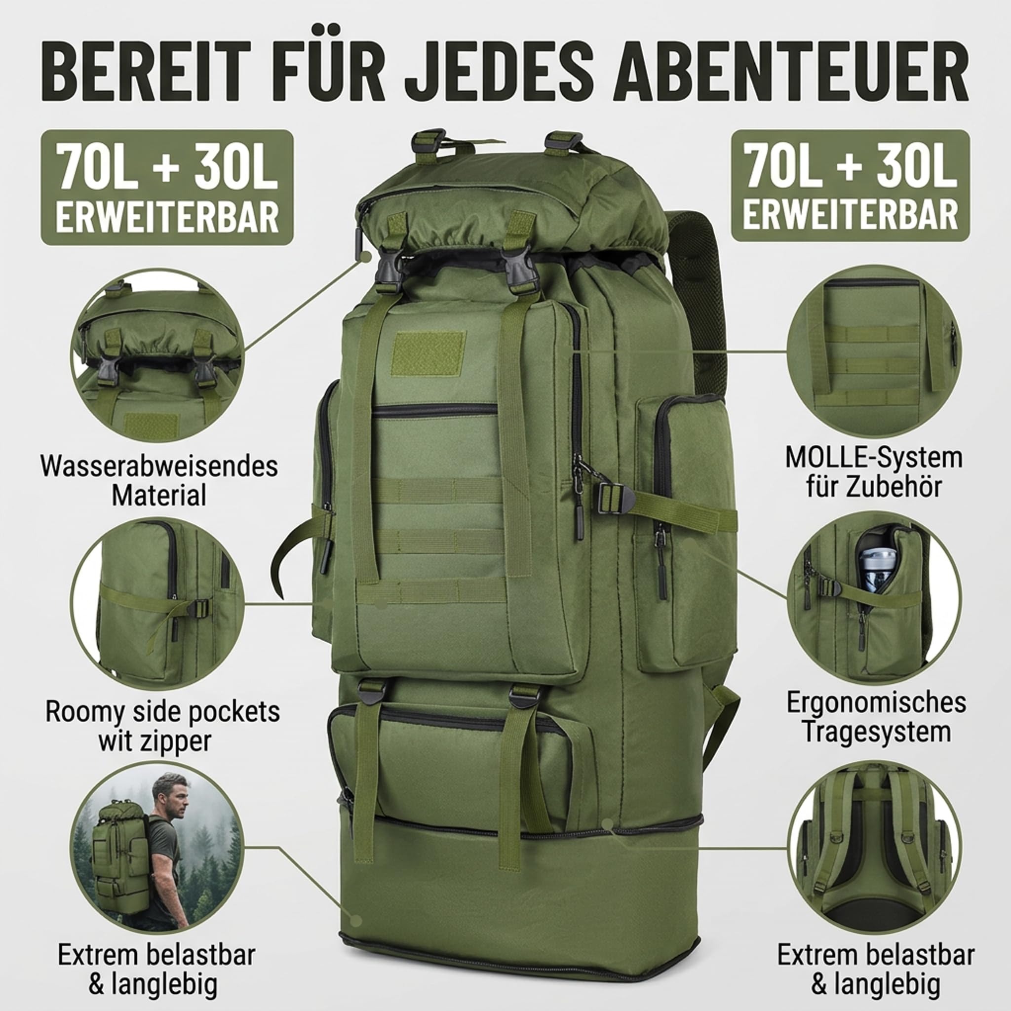 100 L Trekkingrucksack & Wanderrucksack – Großer Outdoor Rucksack für Camping, Reisen & Abenteuer, Ergonomisch, Wasserabweisend, Robust – Schwarz & Army Grün