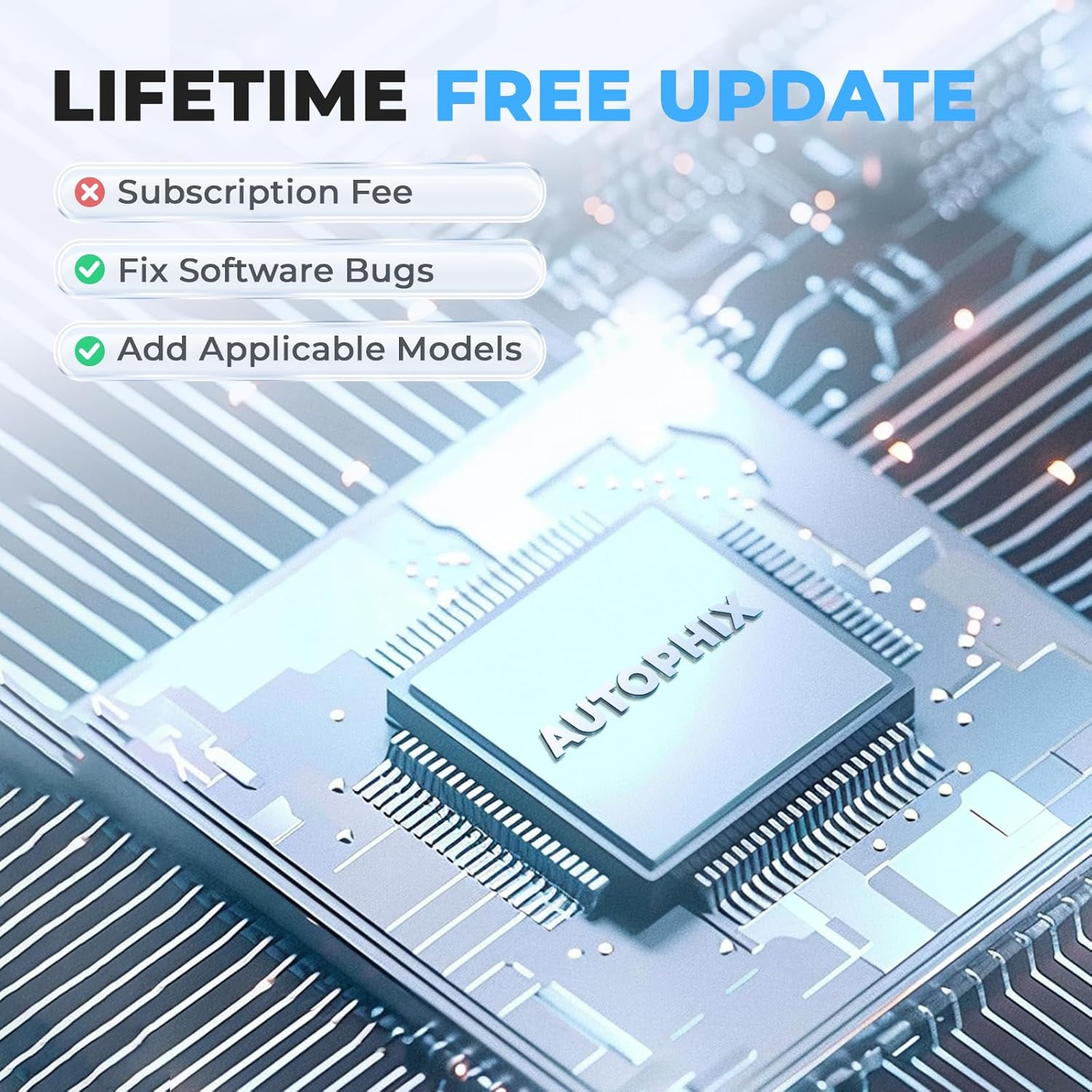 Microchip with AUTOPHIX logo, symbolizing lifetime free updates