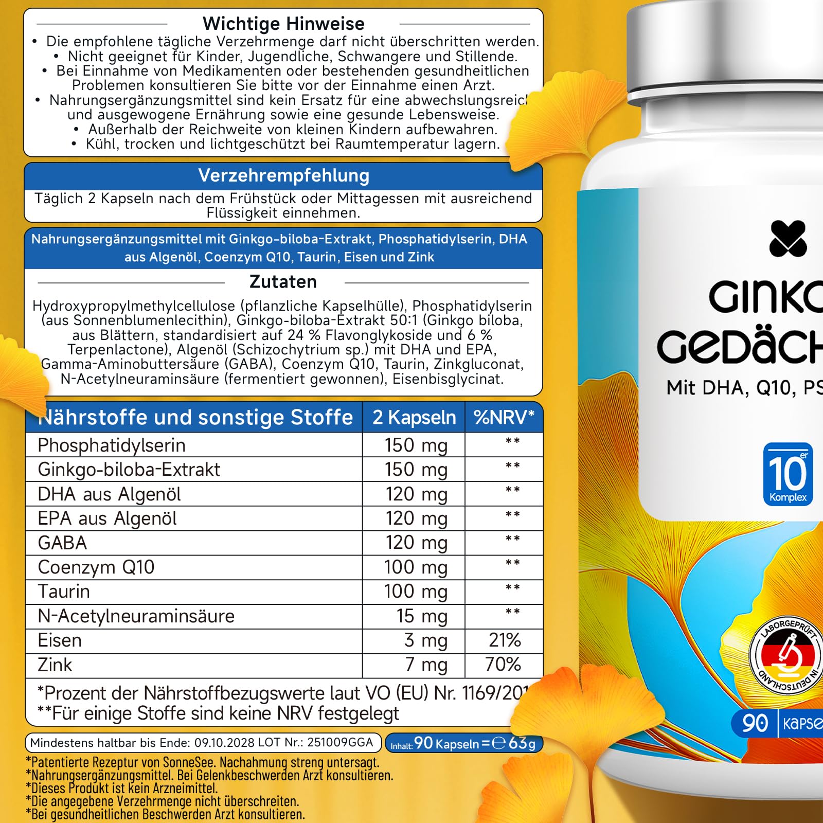 10-in-1 Phosphatidylserin (PS) Ginkgo Gedächtnis Hochdosiert Komplex Kapseln mit Biloba Omega-3 (DHA/EPA) & Q10 GABA, Taurin, Zink & Eisen 90 Vegan