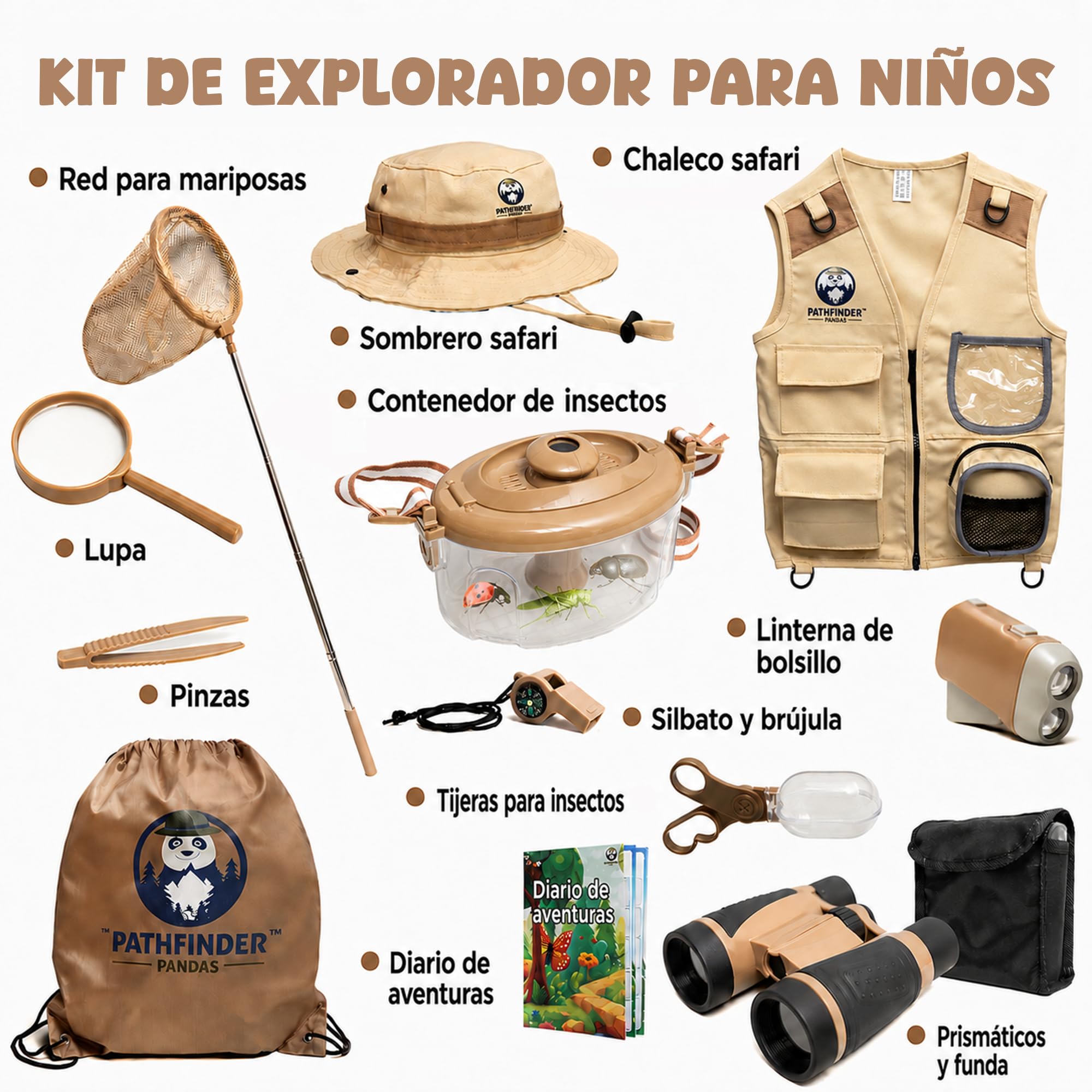 Kit Explorador Niños 7-12 - Disfraz con Chaleco, Gorro, Prismáticos y Lupa