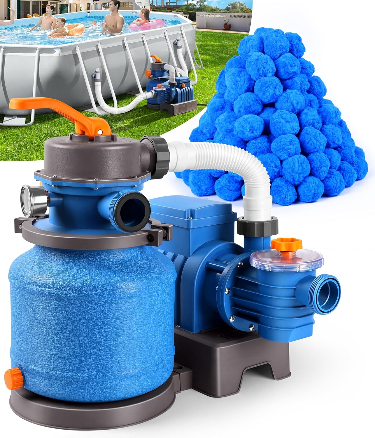 2500 GPH Pool Sand Filter Pump for Above Ground Pools with 3.5 lbs Pool Filter Balls - Rapid Debris Removal & Enhanced Water Circulation