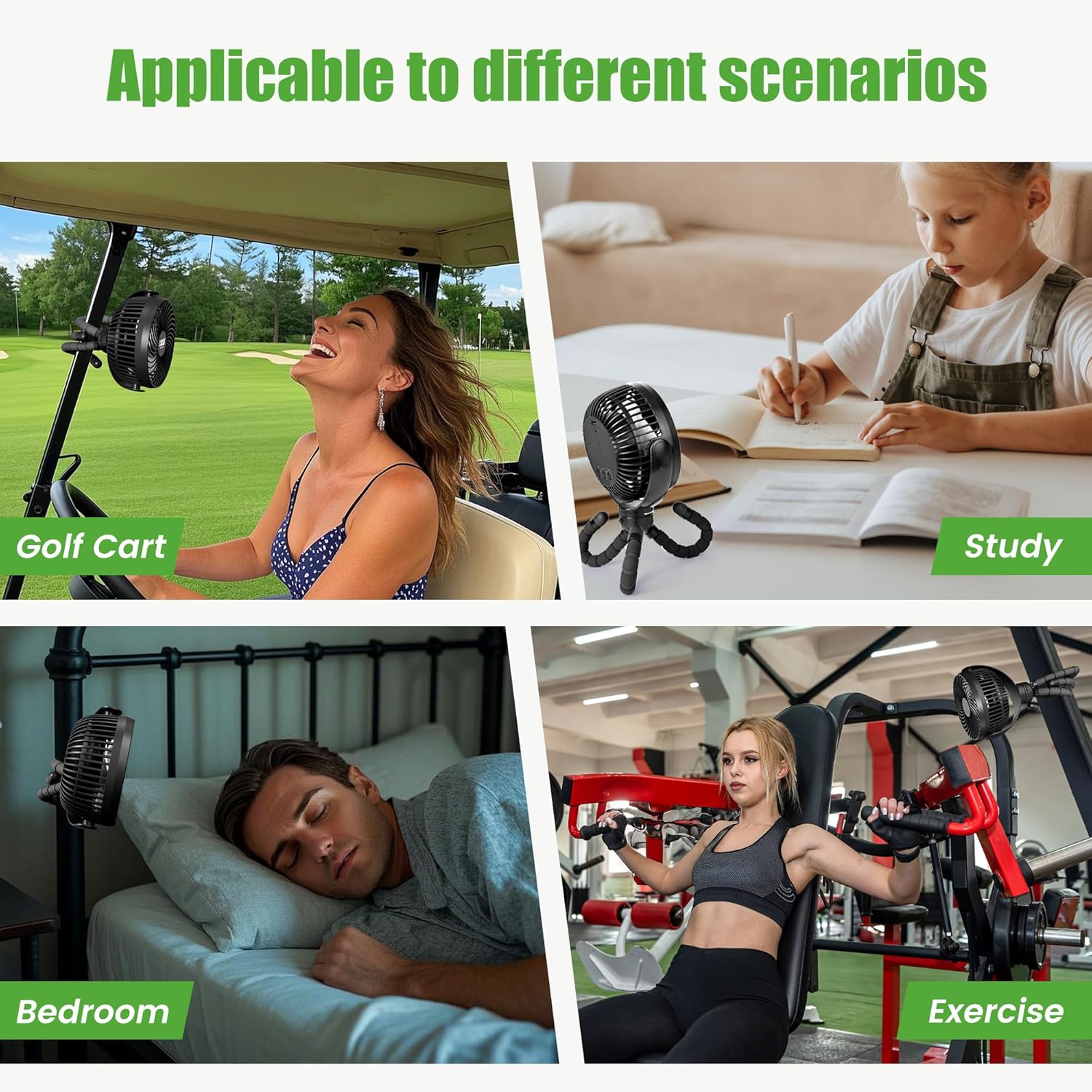 10L0L Rechargeable Portable Fan-8000mAh Battery Operated Fans Compatible with Yamaha/EZGO/Club Car/Tents/Prams/Golf Cart Push Cart with Flexible Tripod, LED Light, 360° Rotatable, 3 Speed