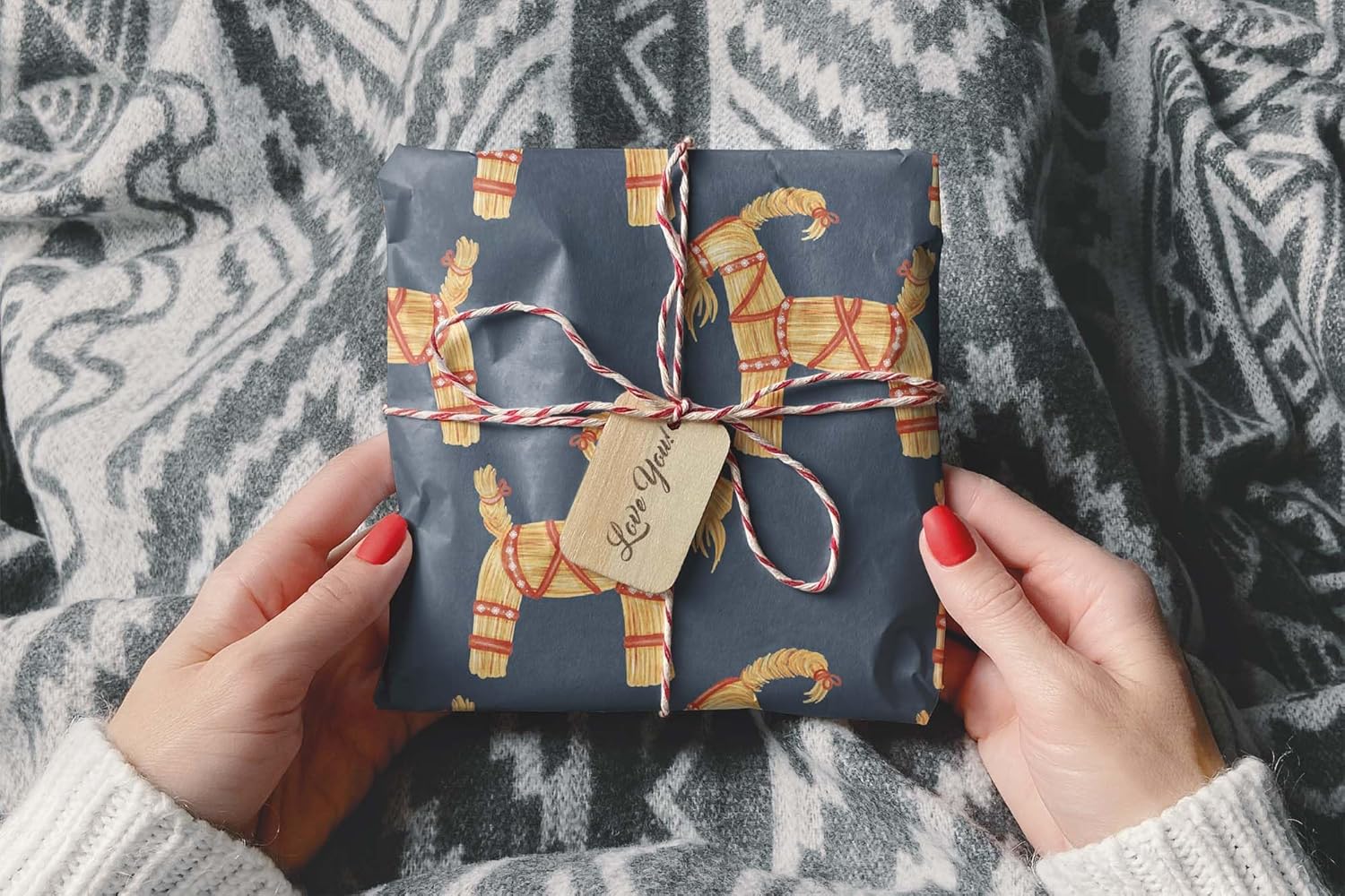Cute Watercolor Straw Goat Gift Wrap Yule Yuletide Winter Solstice Thick Christmas Wrapping Paper Home Decor (12 foot x 30 inch roll)