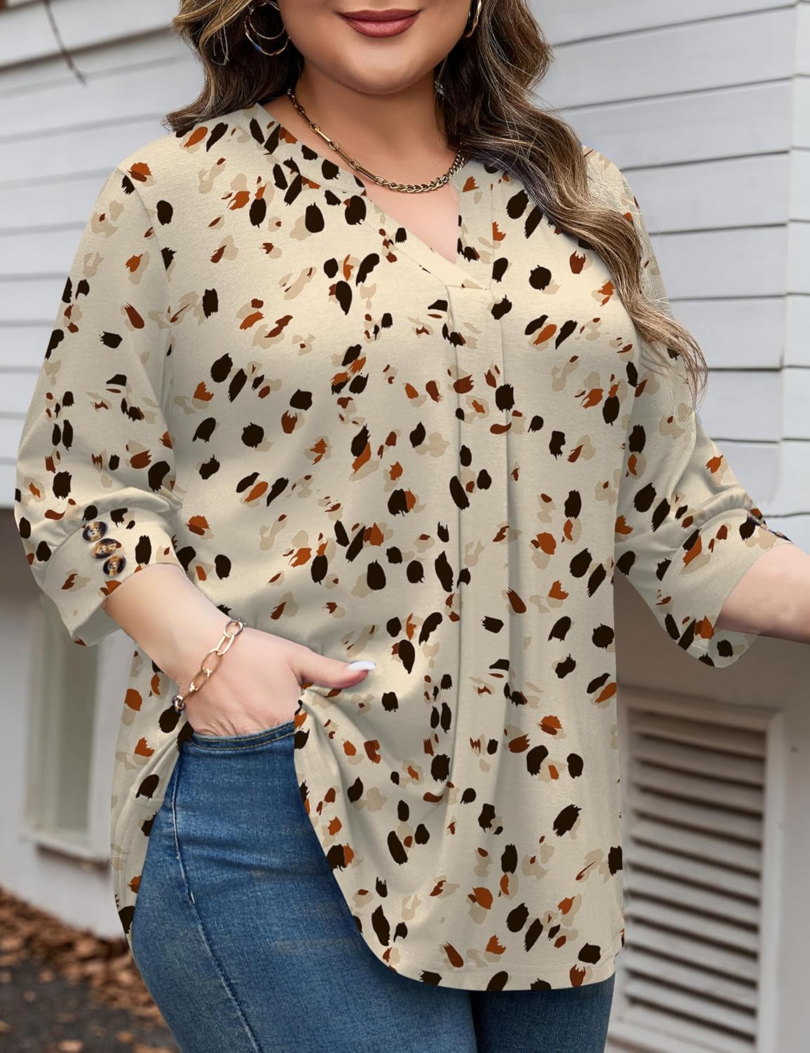 TFSDOD Womens Plus Size Tops 3/4 Length Sleeve Womens Tops V Neck Blouses Pleated Tunic Plus Size Fashion (1X-5X) - Image 4