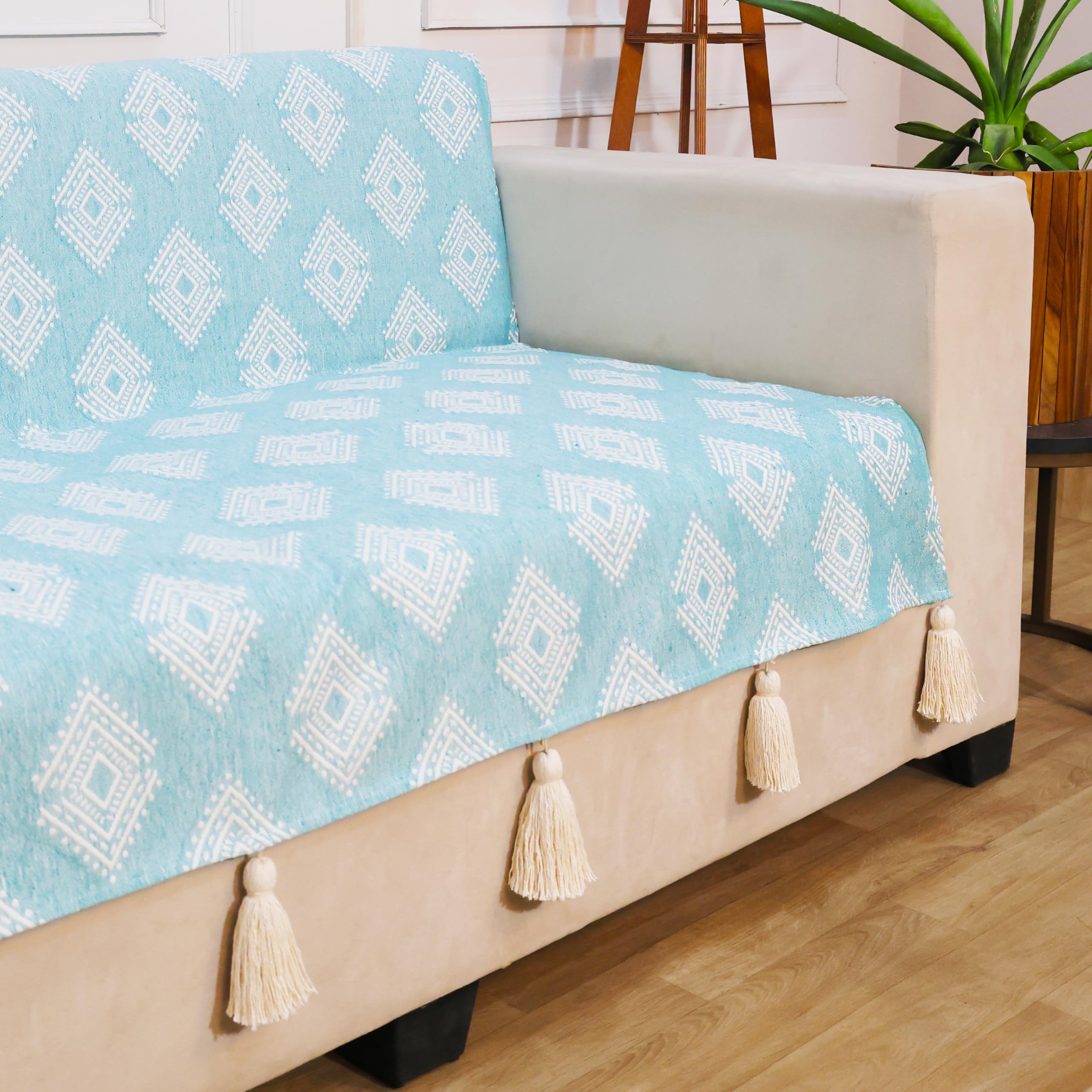 STITCHNEST 'Verdant Rekhika Stories' 1 Seater Sofa Cover – Full Coverage| Elegant Jacquard Fabric, Decorative Tassels, Washable & Durable for Modern Living