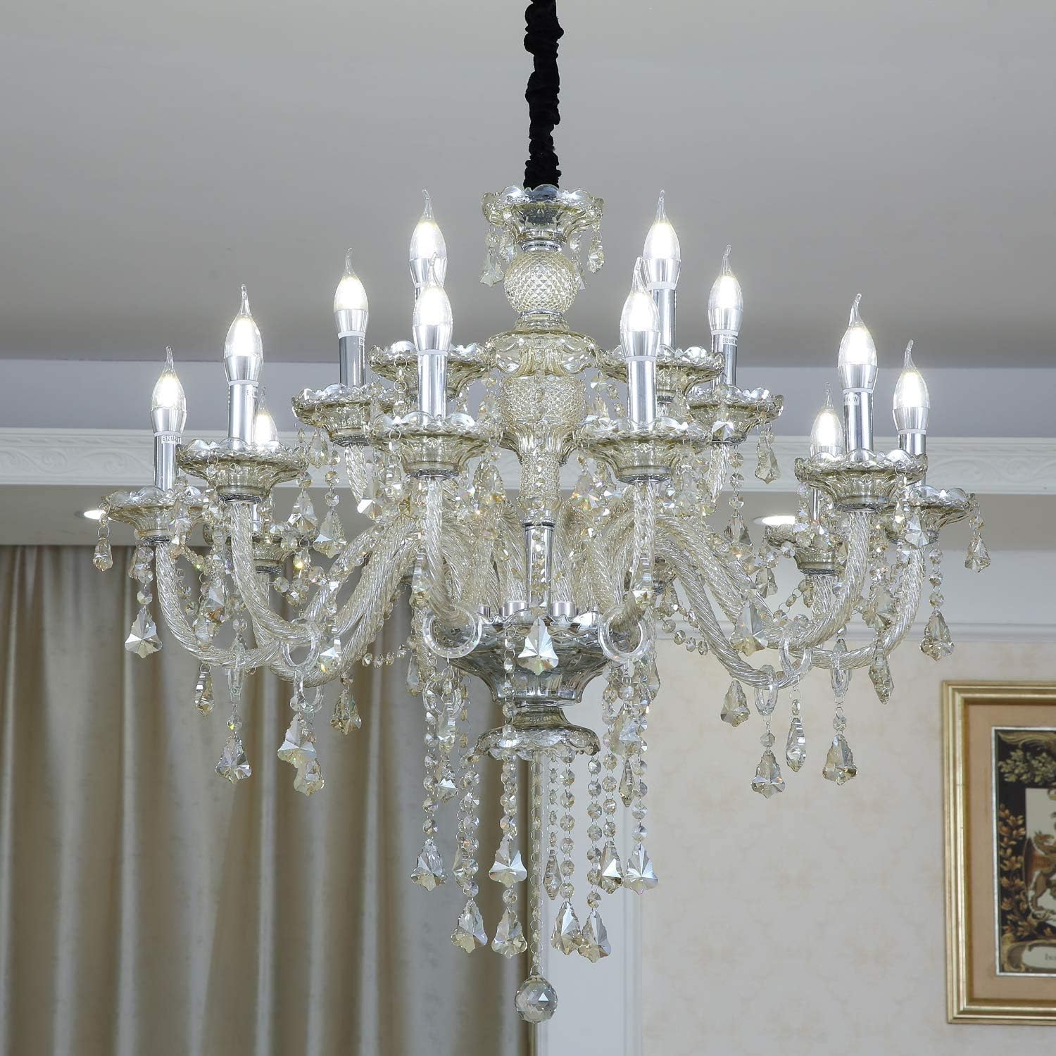 Up To 50% OFF HOMWEERUN LED E12 LED 3 Brightness Cognac Colour Crystal Candle Chandelier Ceiling Lights Fixture Lamp Chandelier Pendant Lights Lighting with 15pcs 5W E12 LED Bulb