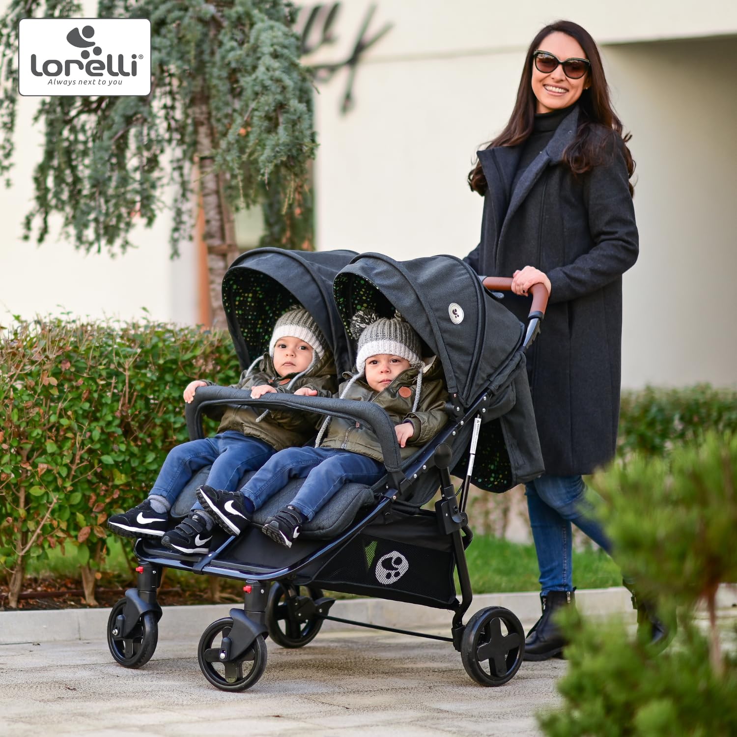Lorelli silla de paseo gemelar dúo plegable ajustable cubrepiés bolsa de pañales, color:gris claro