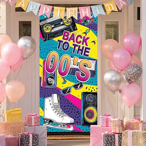 Miniatura 8 de Cartel de puerta de feliz cumpleaños de los años 90 de 35 x 71 pulgadas, cubierta retro para puerta de fiesta con reproductor de cassette, diseño de