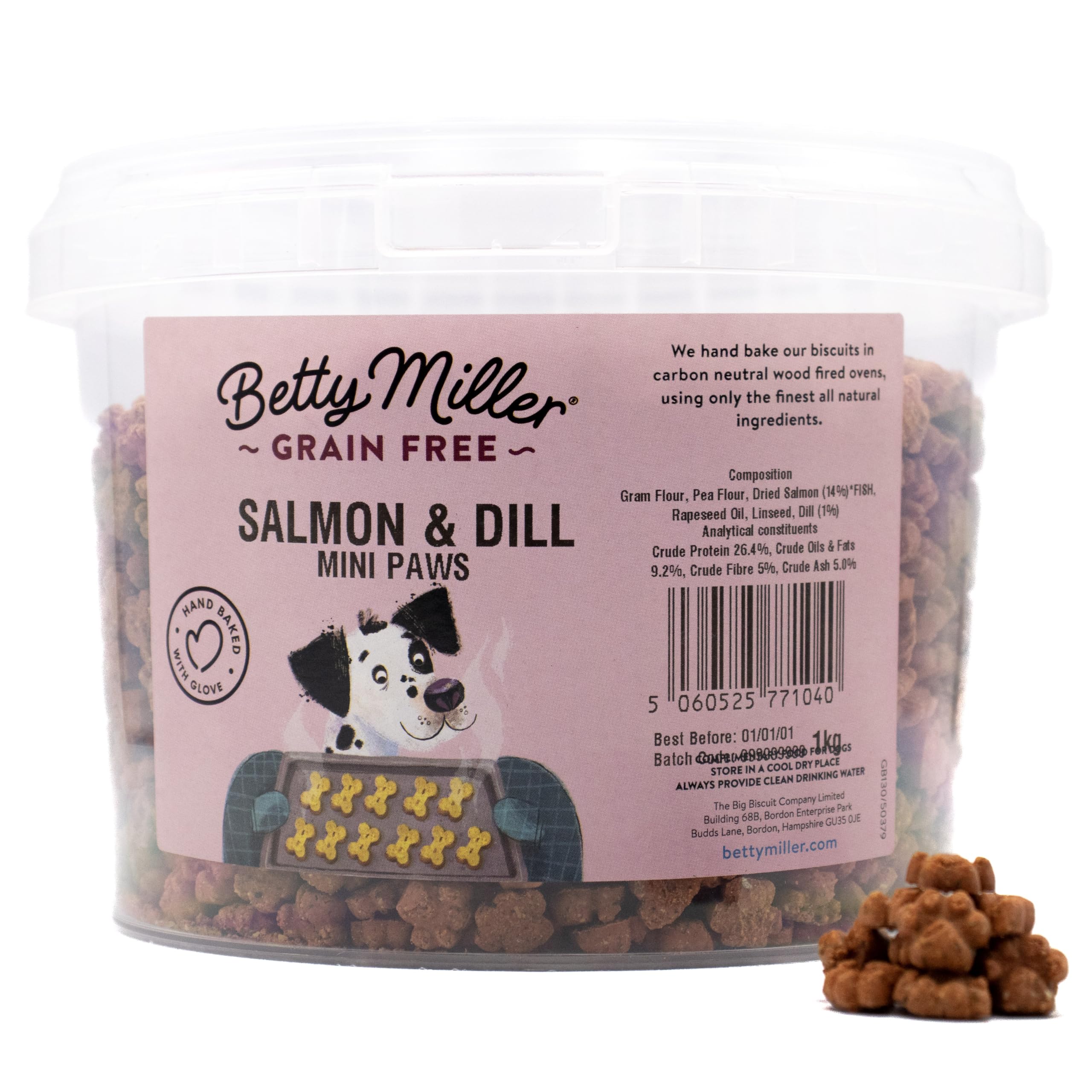 Betty Miller Grain Free Dog Treats - Mini Salmon & Dill Paws - British Baked Dog Biscuits - Ideal Dog Treats for Small Dogs