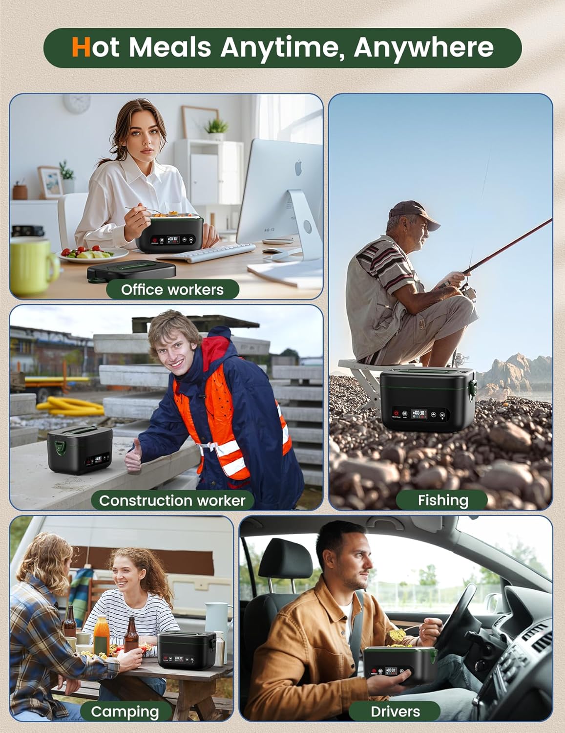 Cordless Electric Lunch Box, 1.2L Battery Powered Heated Lunch Box – 100W, 24000mAh Rechargeable Portable Self-Heating Food Warmer with 5-Sided Automatic Heating for Outdoors, Truck, Office, BPA-Free