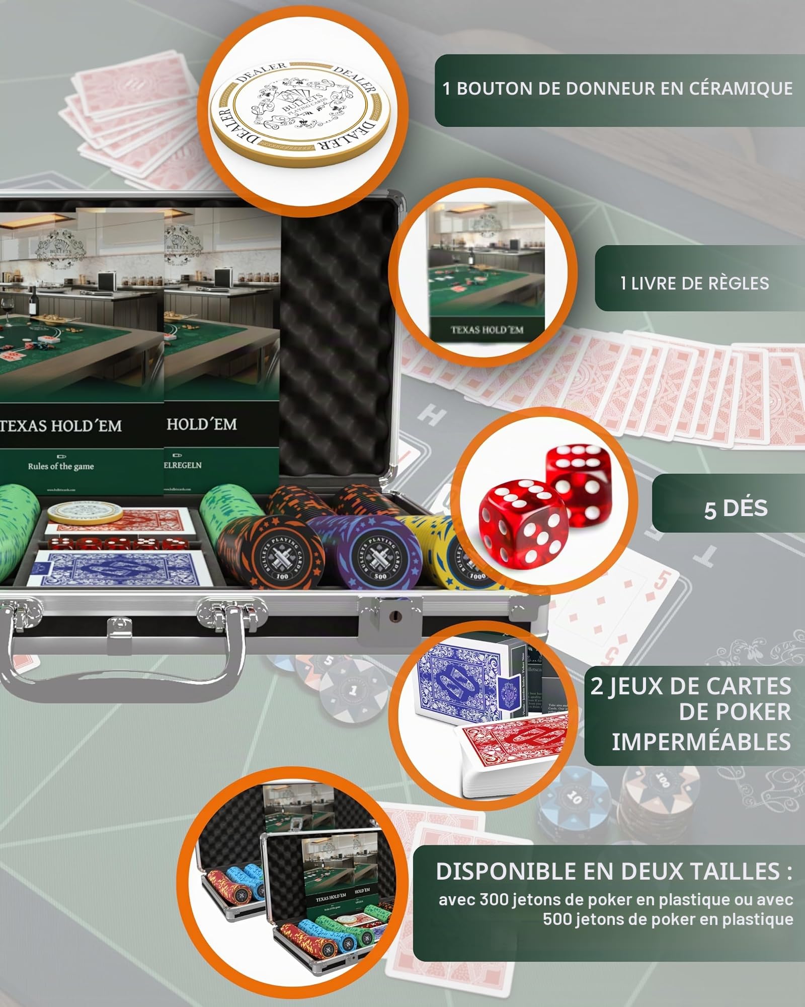 Bullets Playing Cards | Mallette de Poker 300 Jetons Plastique – Coffret Complet avec Cartes, dés et Bouton Dealer en céramique – Design Janice