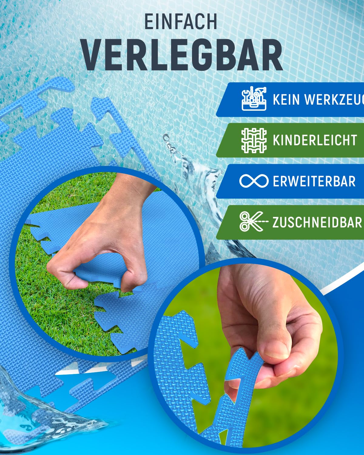 NEOLYMP 18 Stück Pool Unterlage Outdoor zuschneidbar - Whirlpool Unterlegmatte rutschfest und langlebig - Poolmatten Schutzboden - Bodenschutzmatte Pool für Planschbecken (Azur | 18 Matten | 1,7 M²)