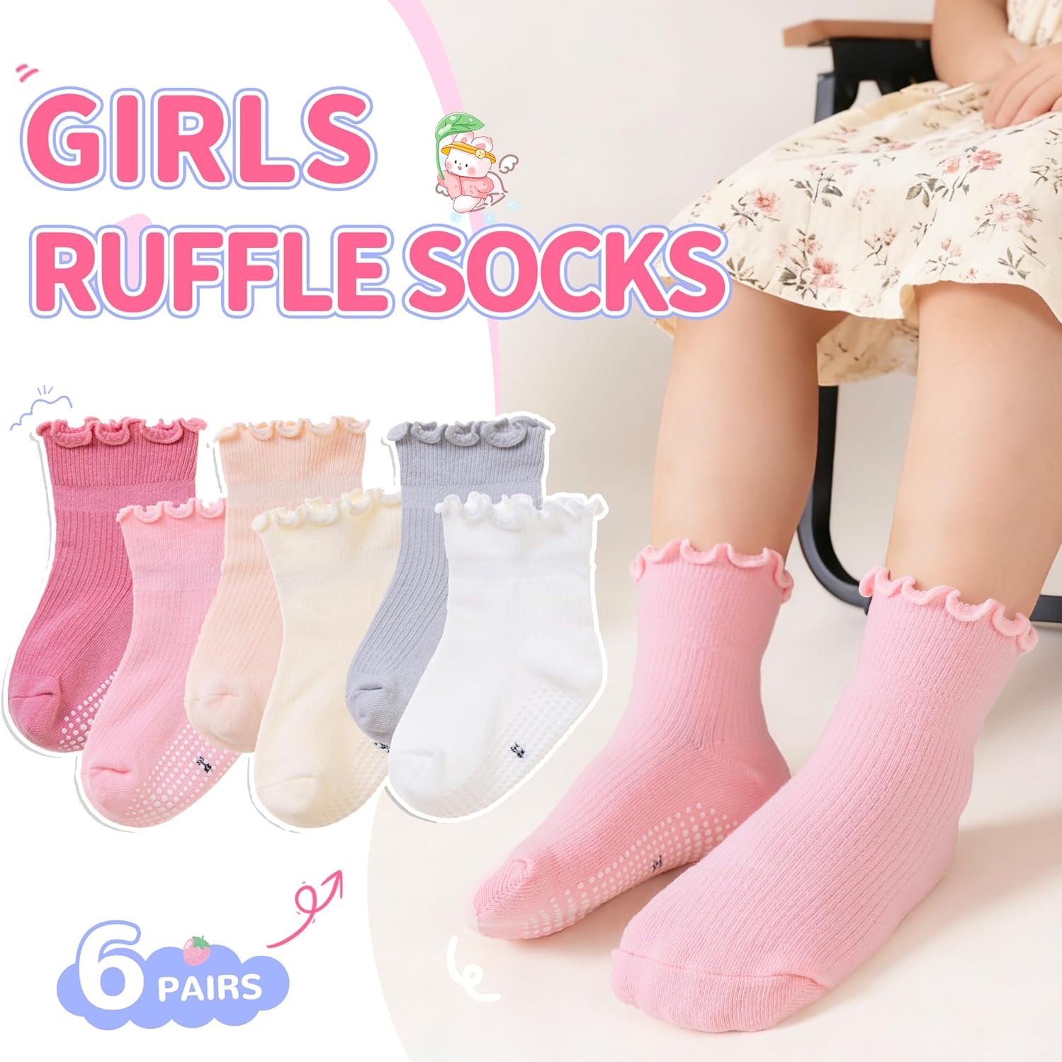 Eocom Toddler Ruffle Socks Baby Girls Non Slip Frilly Dress Cotton Grips Socks 6 Pairs - Image 4