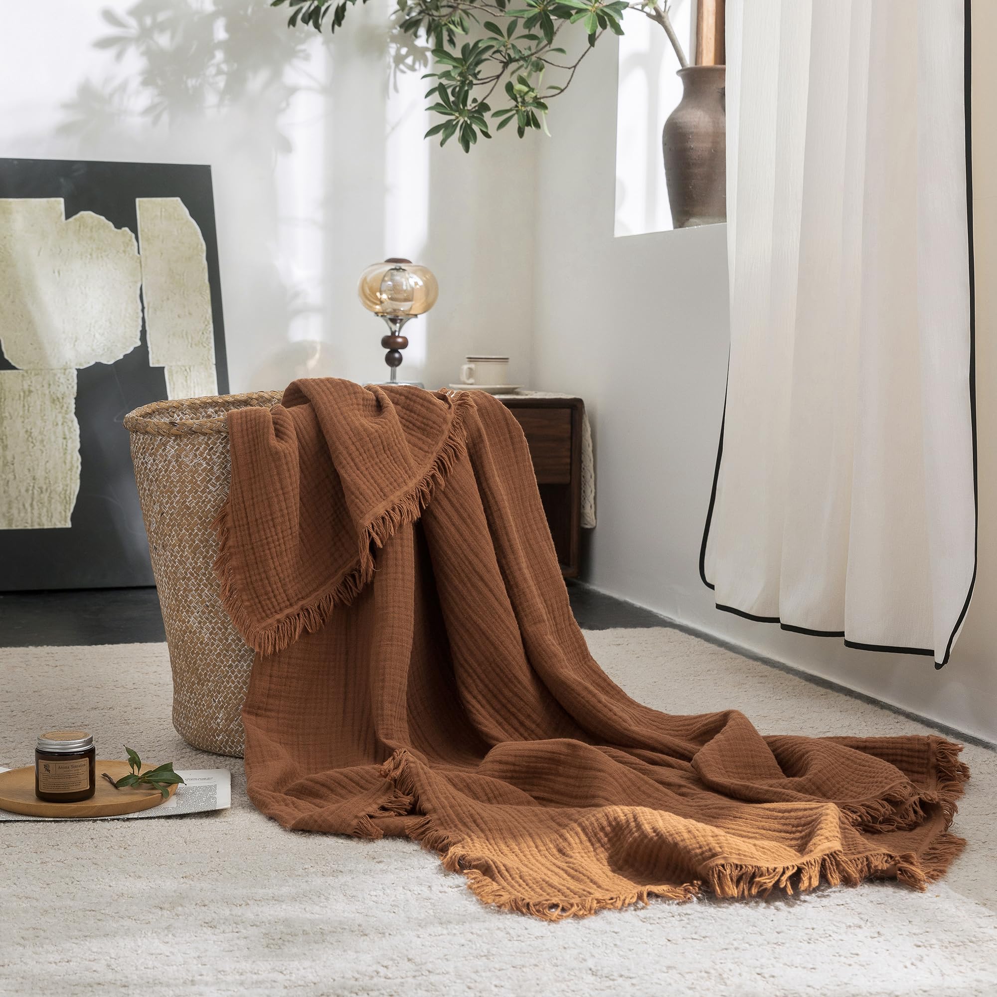 Photo 1 of FOSSA Muslin Blanket with Fringe - 4-Layer 100% Cotton Gauze Super Soft & Breathable Throw -Lightweight Decorative Cooling Blanket for Bed, Sofa, Office -Twin XL Size 66" × 90" (Dark Orange)