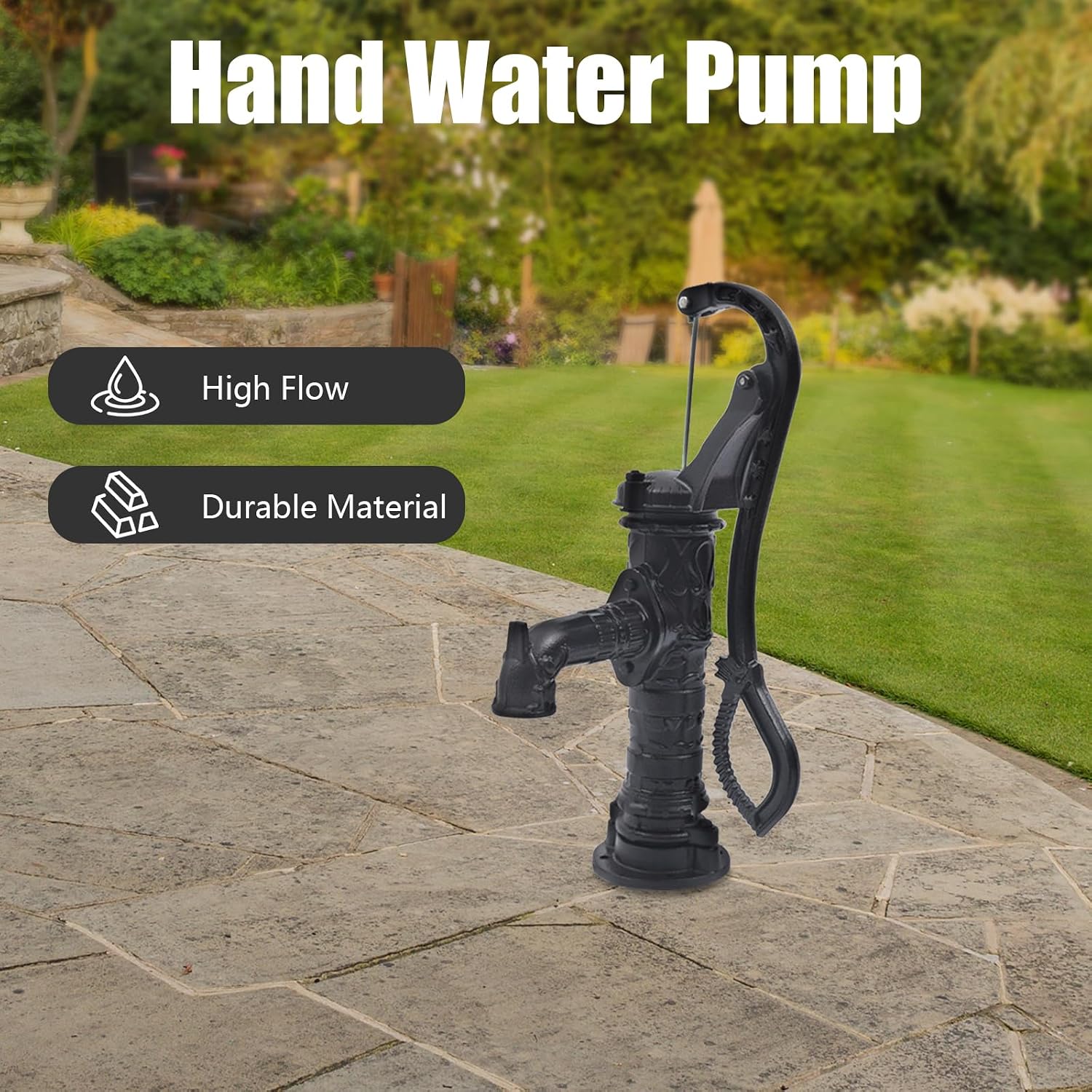 26 feet Cast Iron Water Well Hand Pump, Rustic Garden Farmhouse Antique Cast Iron Deep Well Hand Pump Water Black