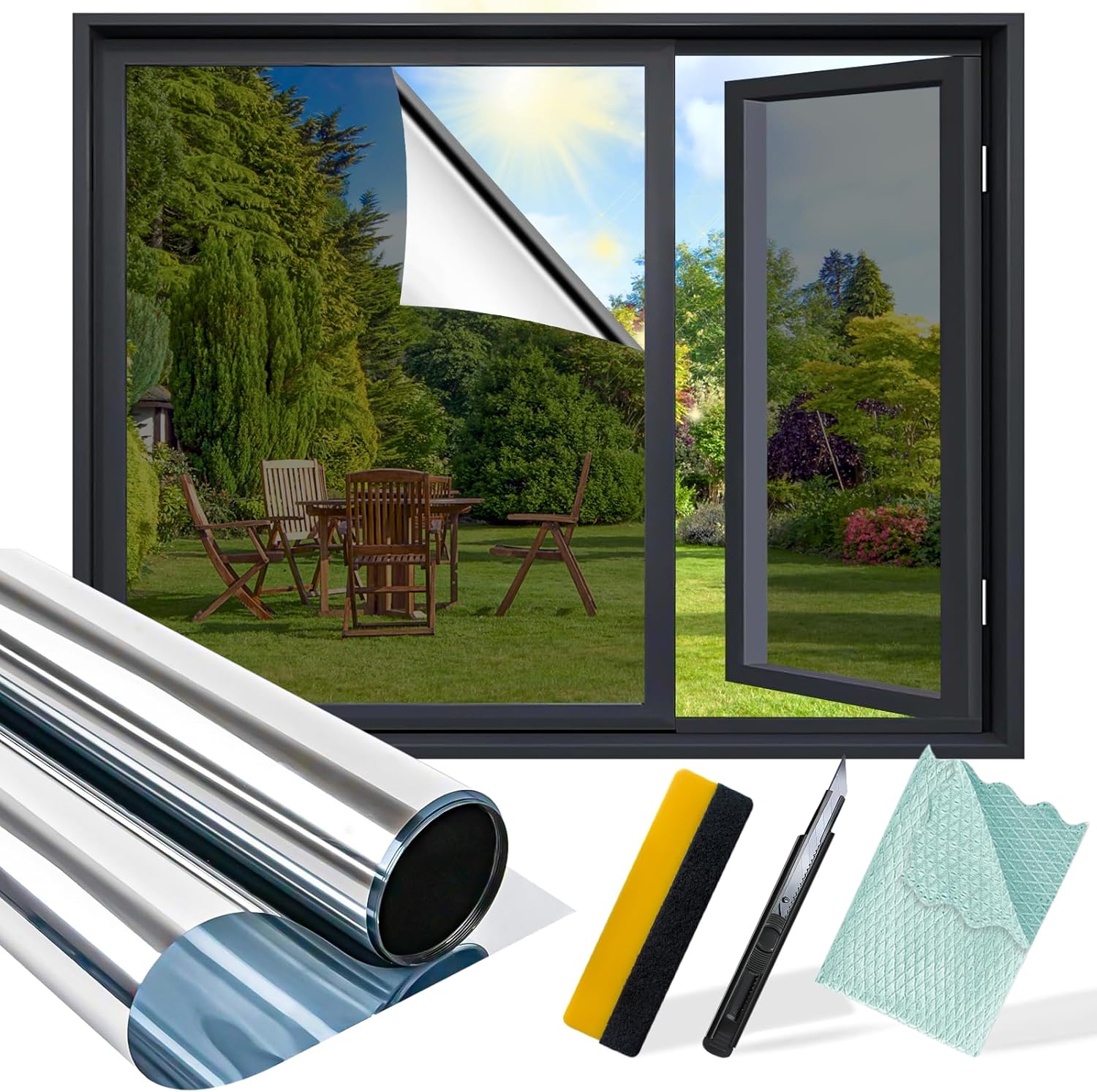 One Way Privacy Window Film with Installation Tools, Window Tint for Home Heat Blocking, See Out Not in Effect Privacy Films, Anti UV Glass Door Film for Home Office (Silver 35.4" x 118")