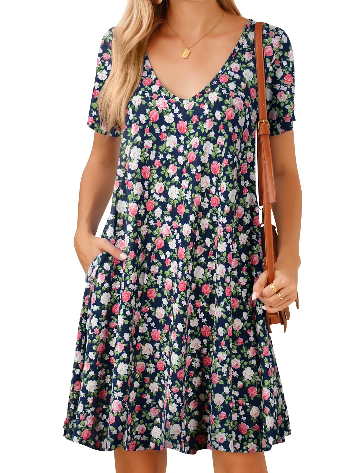 JollieLovin Women T Shirt Plus Size Summer Swing Dresses Short Sleeve V Neck Loose Casual Dress(L-5X)