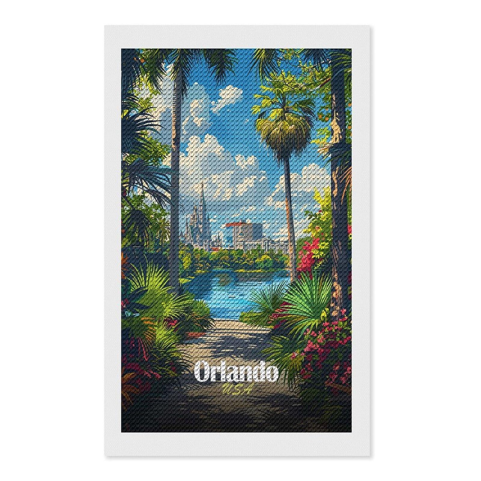 Junmoney Orlando Cityscape DIY Diamond Art Canvas Kit 12"x20", for Teens, Finish and Display, Holiday Gift Idea, Vintage Style Decor