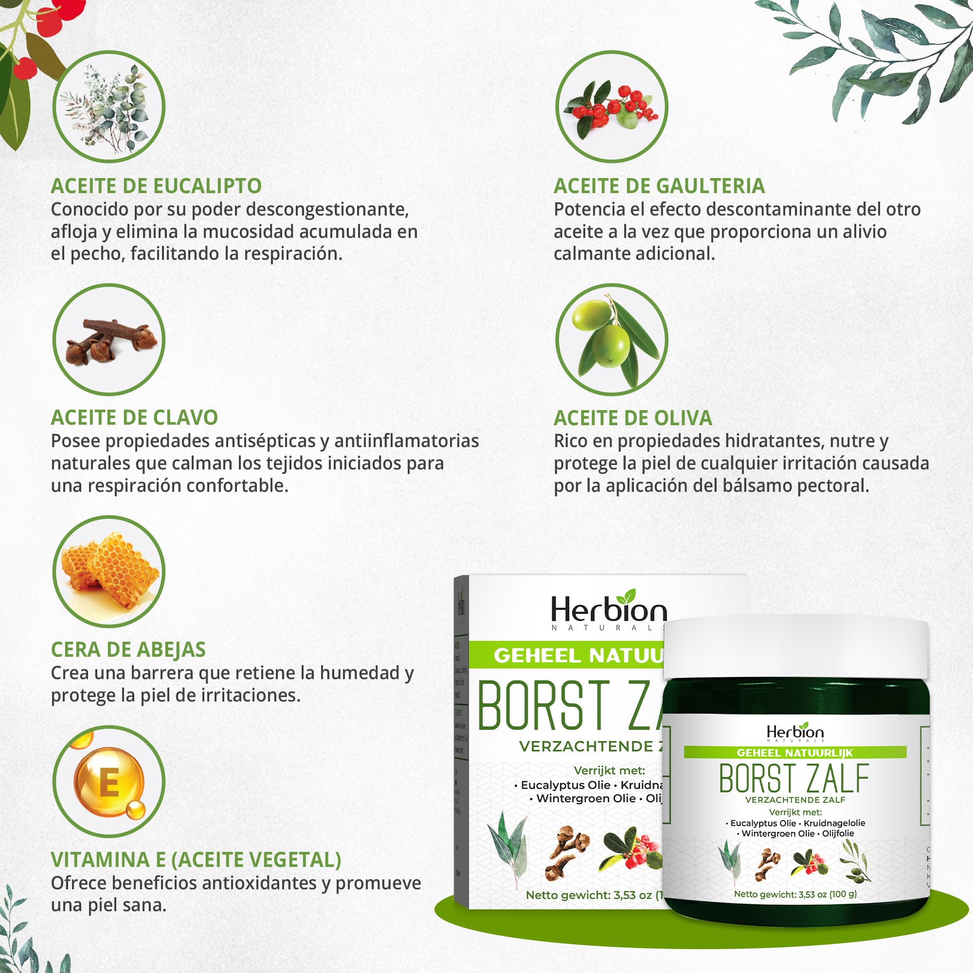 Herbion Naturals Chest Rub, Natuurlijke Kalmerende Zalf, Verlicht Verstopping van de Borst, Vermindert Spierpijn, Volwassenen en Kinderen vanaf 2 jaar, 3,53 oz