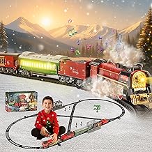 JONRRYIN Train Electrique Noel Enfant, Jeux de Train Télécommande, Locomotive a Vapeur Jouet Son et Lumiere, Circuit Train Vapeur Electrique À 3 Voies, Cadeaux de Noël Anniversaire pour Enfants