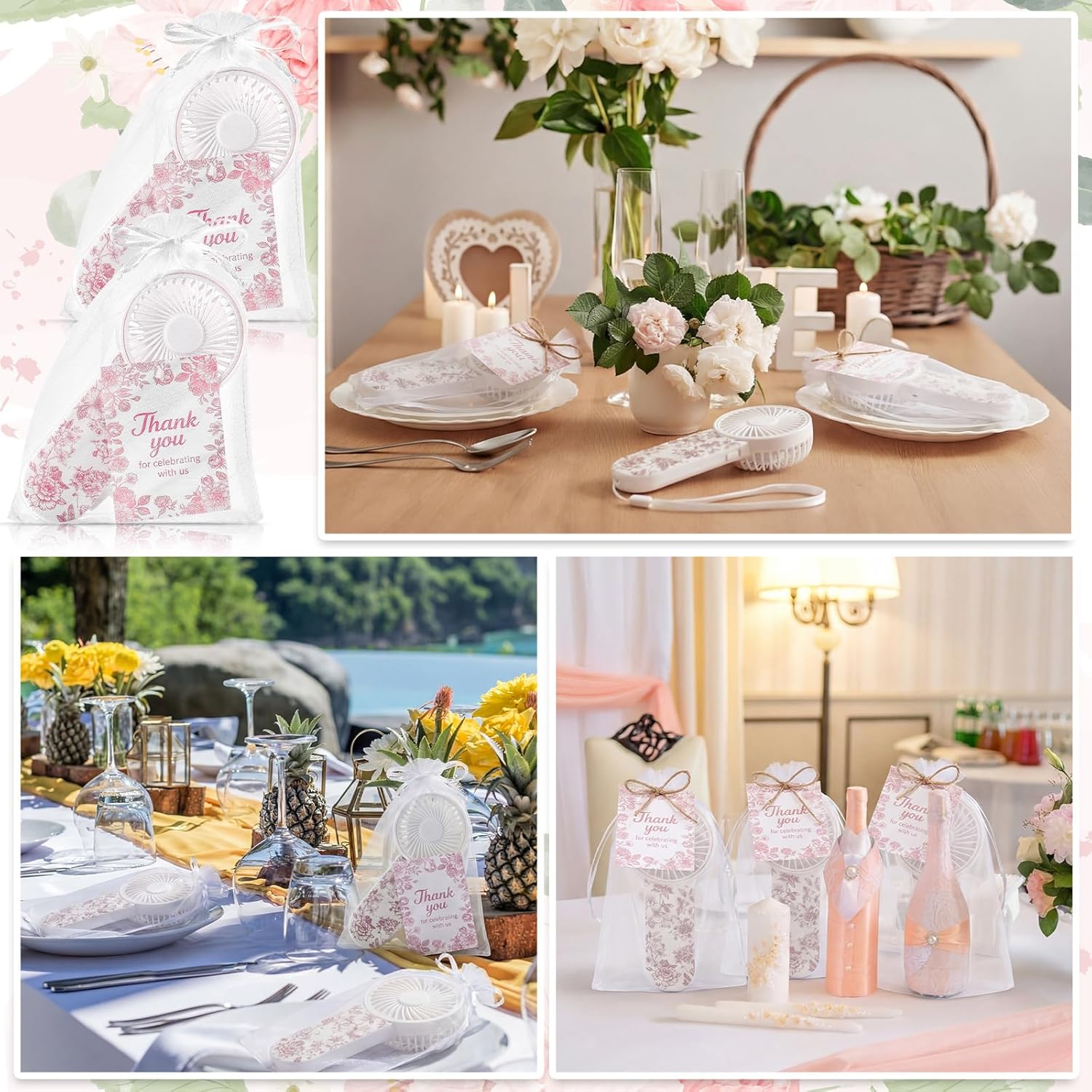 60 Set Portable Wedding Fans Bulk for Guests Mini Handheld Chinoiserie Floral Fan with Lanyard and Thank You Gifts Cards Battery Powered Fans Gift for Wedding Favors, Battery Not Include(Pink)