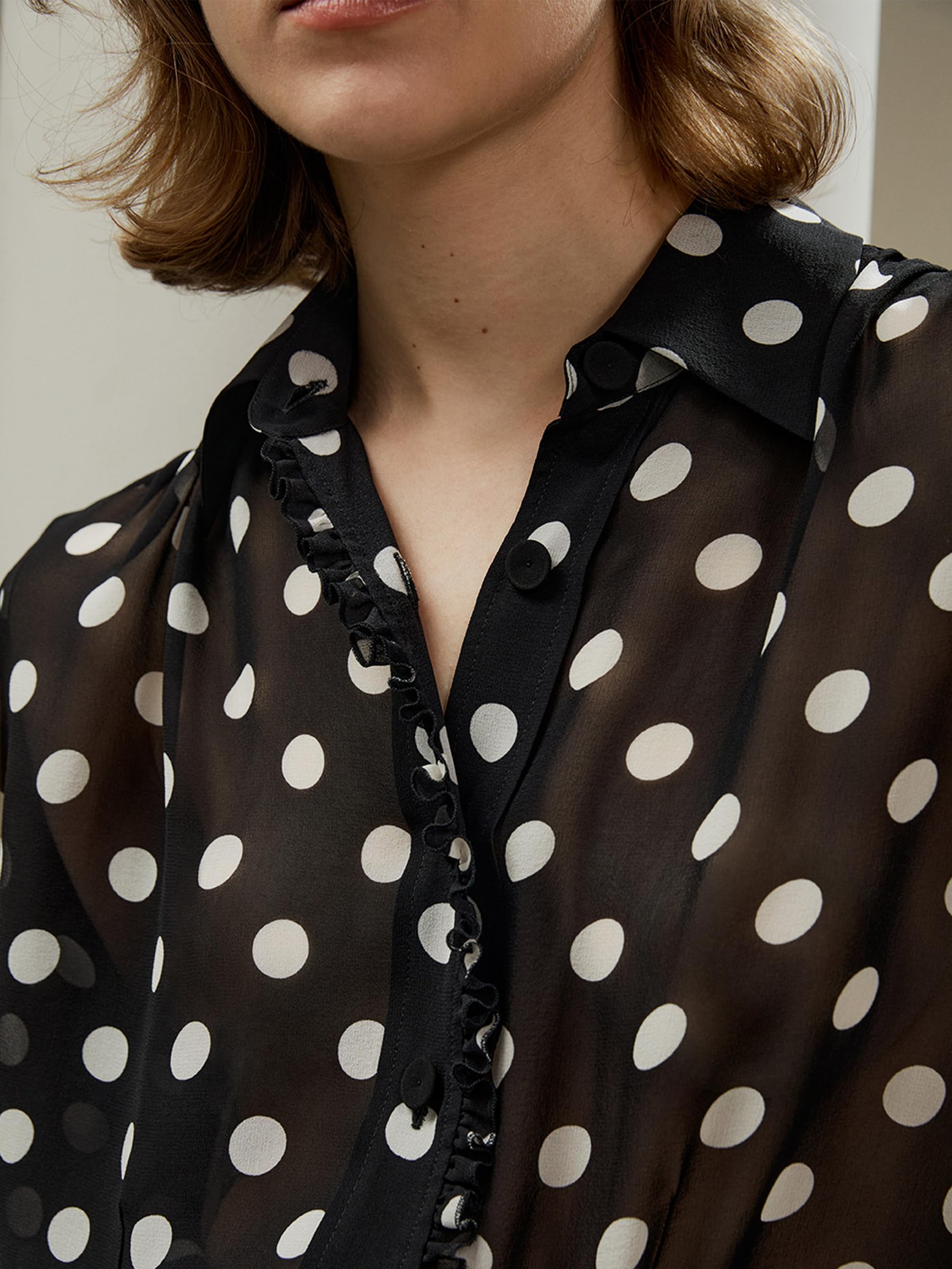 LilySilk Damen Seidenhemd Frauen weiße Dot Print Bluse mit Schleifen Ärmeln und Rüschen Knopfleiste am Knopfverschluss leicht und glatt
