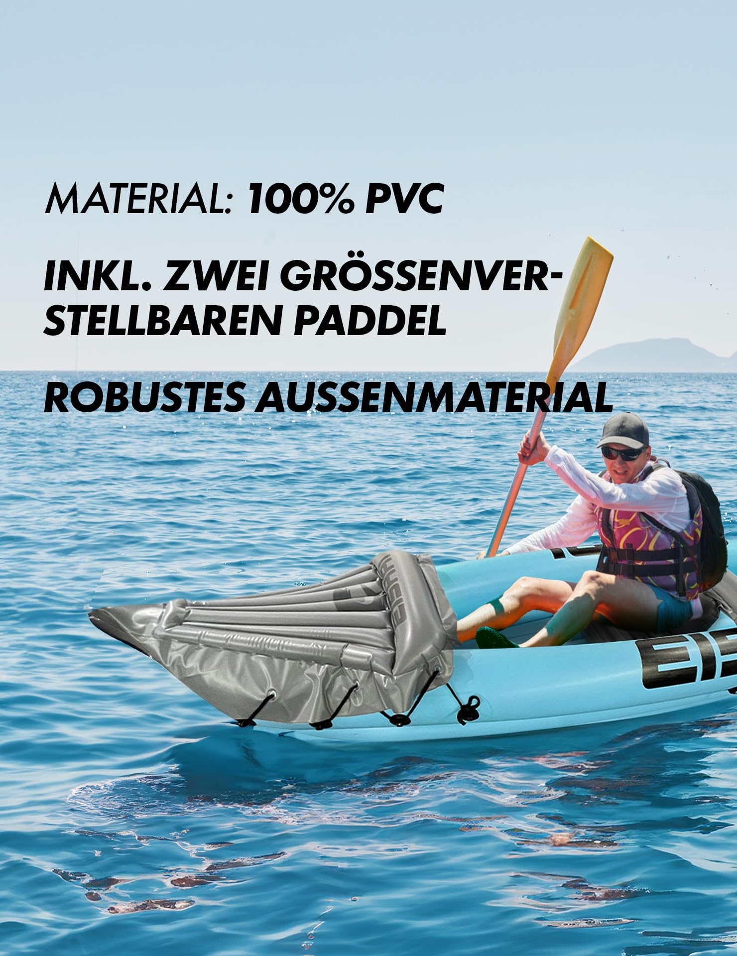 Flow nadmuchiwany kajak dla 2 osób, wytrzymały materiał PCW, łącznie z dwoma wiosłami, pompką, zestawem naprawczym i instrukcją montażu (może nie być dostępna w języku polskim) – idealny do