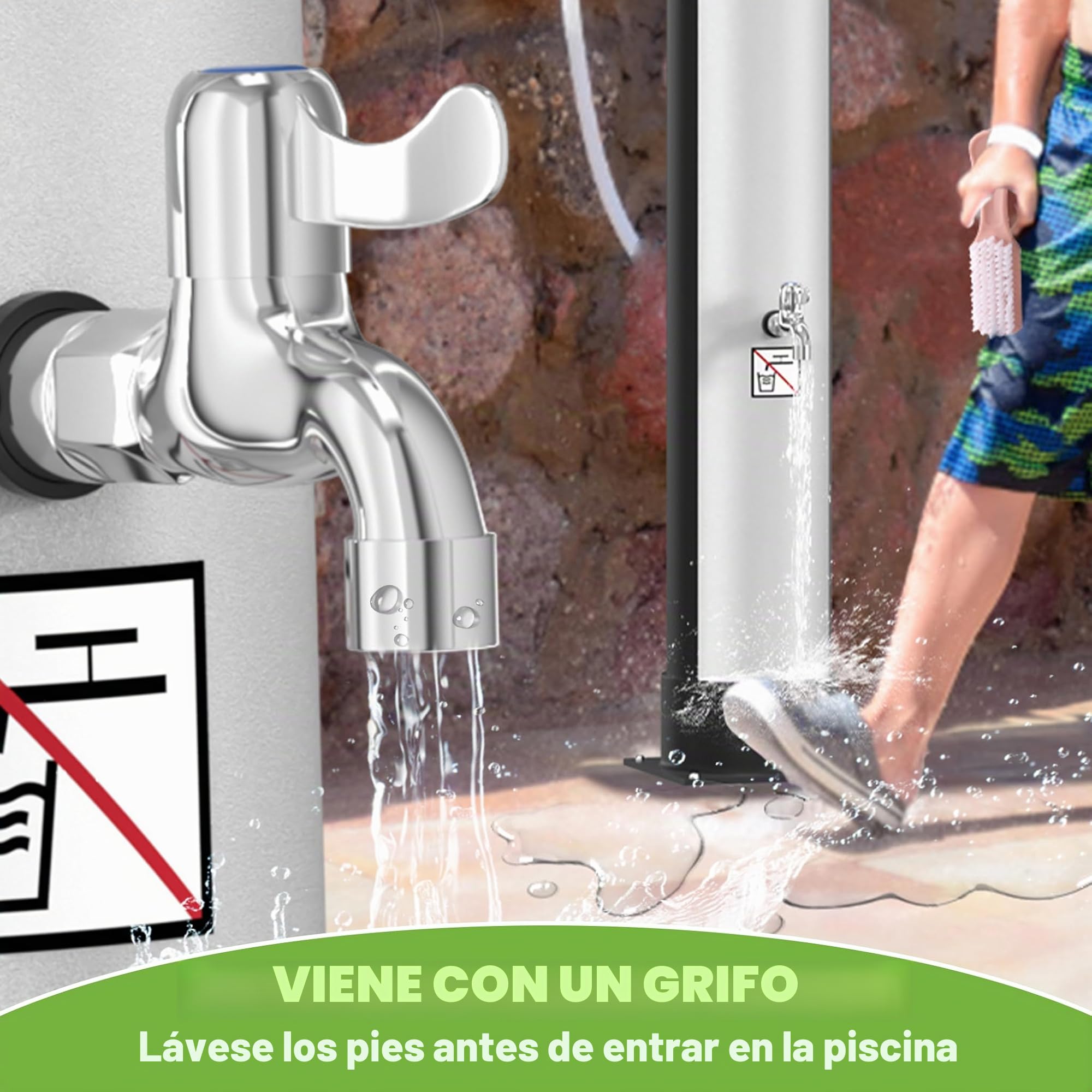 UISEBRT Ducha solar de 40 litros, ducha solar de jardín de 216 cm de alto, cabezal de ducha de lluvia giratorio, máx. 60 °C, ducha exterior con grifo y juego de conexión para piscina, jardín y camping