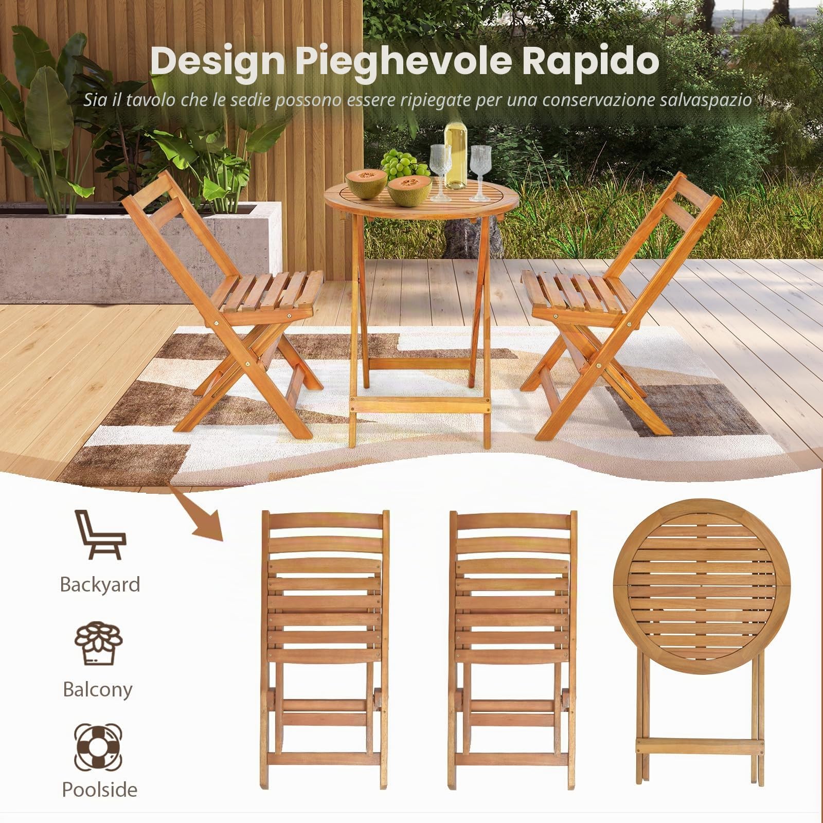 KOMFOTTEU Set da Bistrò Pieghevole in Legno, Tavolo 40kg Sedie 160kg | Set da 3 Pezzi in Legno di Acacia per Terrazza, Giardino, Balcone, Tavolo e Sedie, Naturale