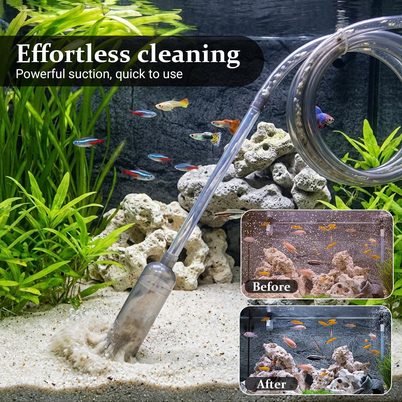 Siphon Aquarium 3 m Tuyau Nettoyeur de Gravier avec Tube Rigide 70 cm, Robinet Marche/Arrêt, Filtre, Buse Bec de Canard, Protection Sable et Support pour Nettoyage Aquarium