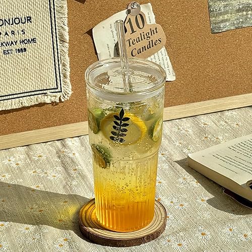 Miniatura 9 de Paquete de 4 vasos de vidrio de 22 onzas con tapas y pajitas, taza de café acanalada, vaso para agua, botella de agua reutilizable, boca ancha,