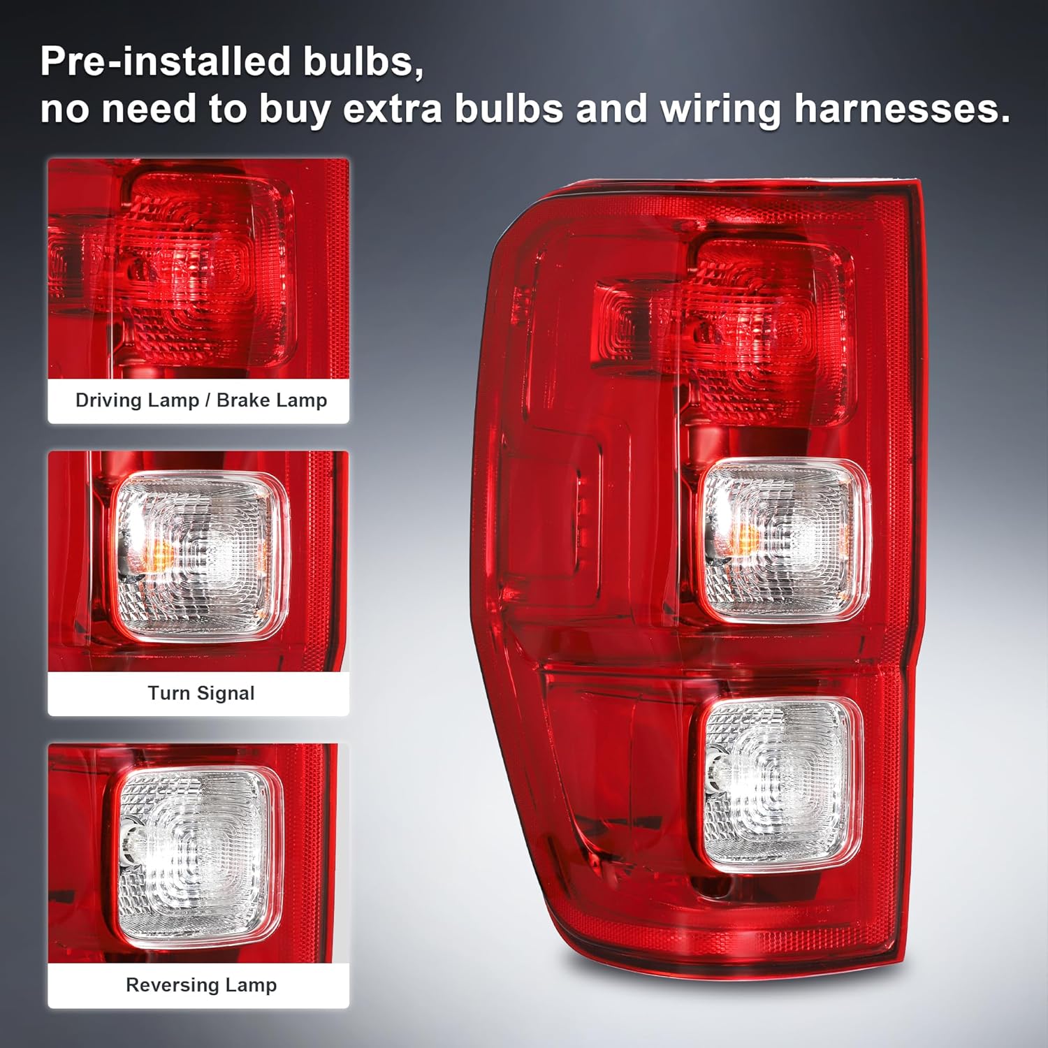 Tail Light Assembly Compatible With Ford Ranger XL 2019 2020 2021 2022 2023 Halogen Light with Wiring Harness & Bulb Rear Brake Lamp Taillight w/o Blind Spot Driver Left Side