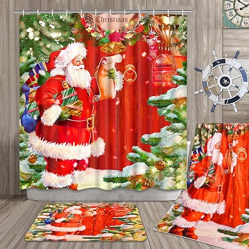 Miniatura 3 de Ikfashoni Juego de 7 cortinas de ducha de Navidad con alfombras y toallas, alfombra antideslizante, cubierta para tapa de inodoro, tapete de baño y