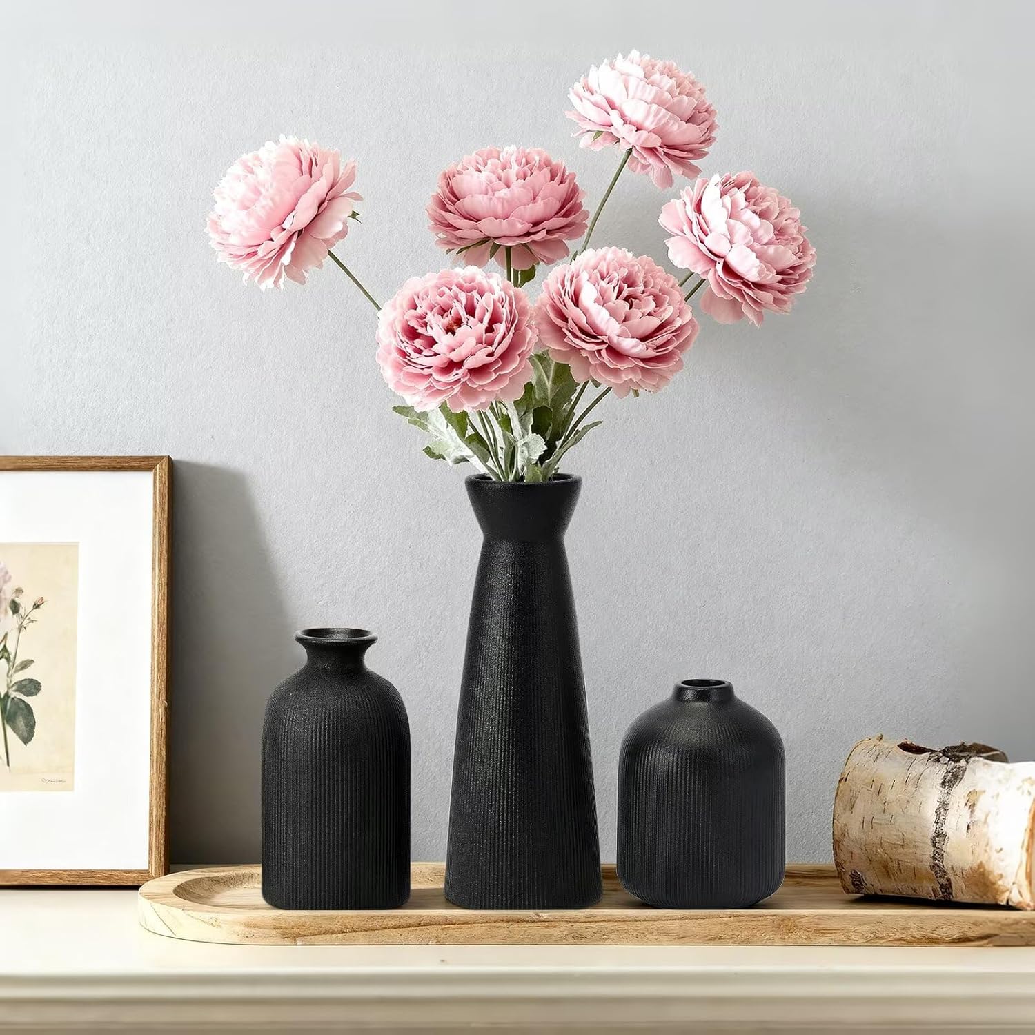 Black Ceramic Flower Vases Set of 3, Valentine's Day Gift Vases with Vertical Stripe Texture, Modern Decorative Vases for Dried Flowers, Home Decor Vases for Living Room Bedroom Kitchen Shelf