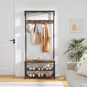 VASAGLE Coat Rack, Hallway Cabinet, with Top Board, Shoe Rack, Bench and 5 Double Hooks, Metal Frame, 80 x 32 x 178.8 cm, Industrial Style, Rustic Brown and Black HSR45BX