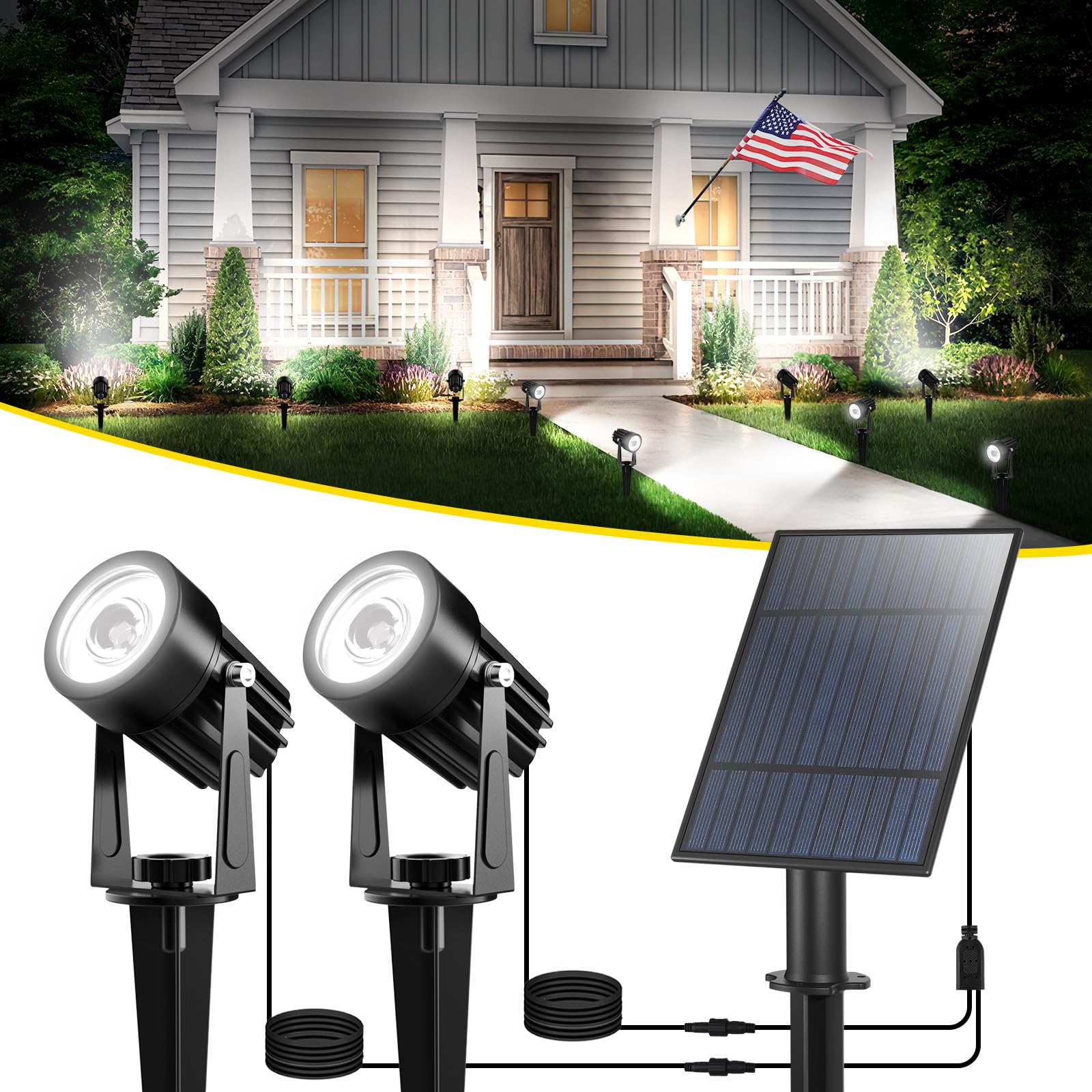 T-SUN 2W Solar Spotlights, LED Solar Powered Landscape Lights Outdoor Waterproof Solar Security Wall Lights Auto ON/Off Dual Head Light for Garden Yard Patio(Cold White)