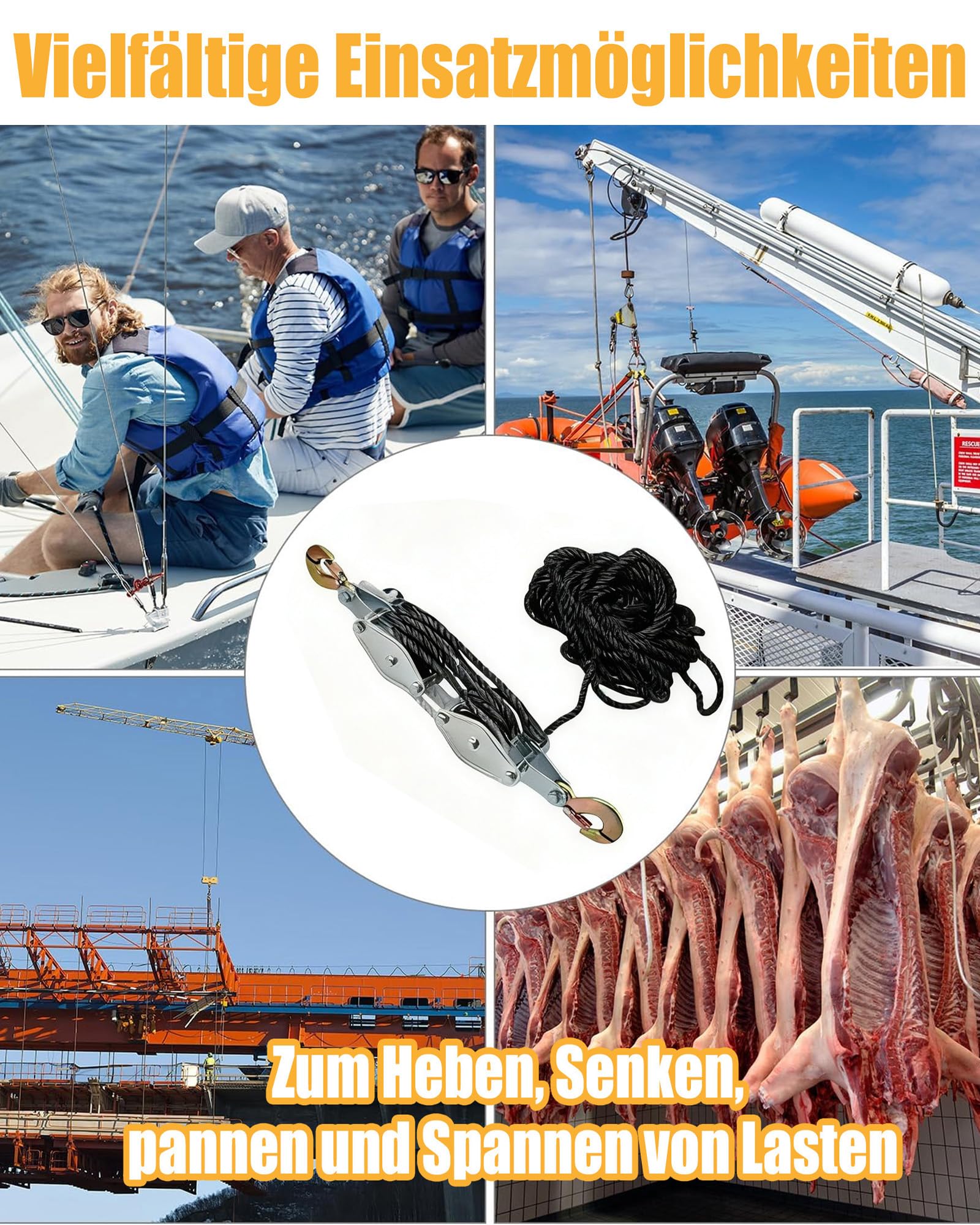 Polea de carga pesada con freno de cuerda de nailon de 20 m: polea de 4400 LB, cable de elevación manual, para ahorrar trabajo, polea de alto rendimiento para garajes, almacenes (1, negro)