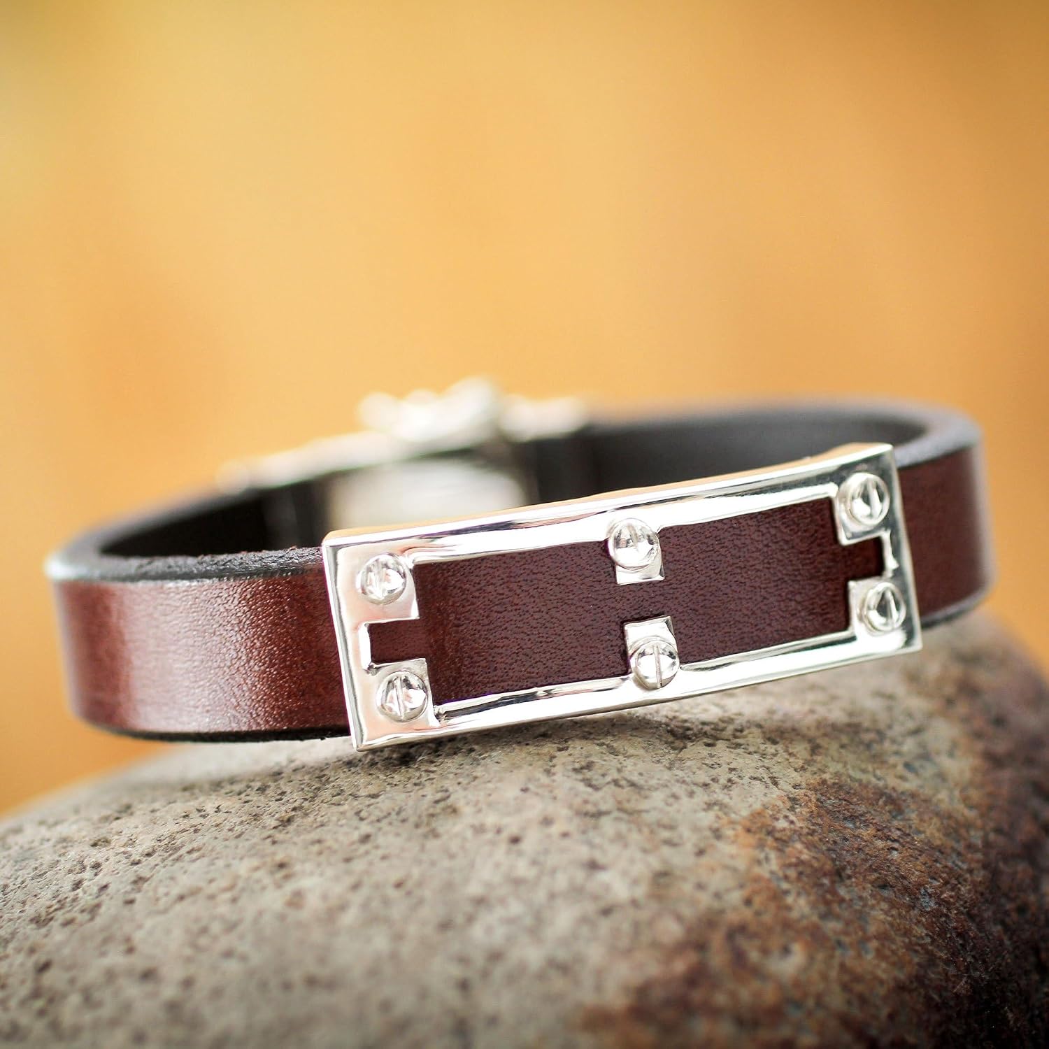 NOVICA Artisan Handmade Men's Leather Bracelet Sterling Silver Wristband Peru [8.75 in L (end to End) x 0.6 in W] ' Wonderer'