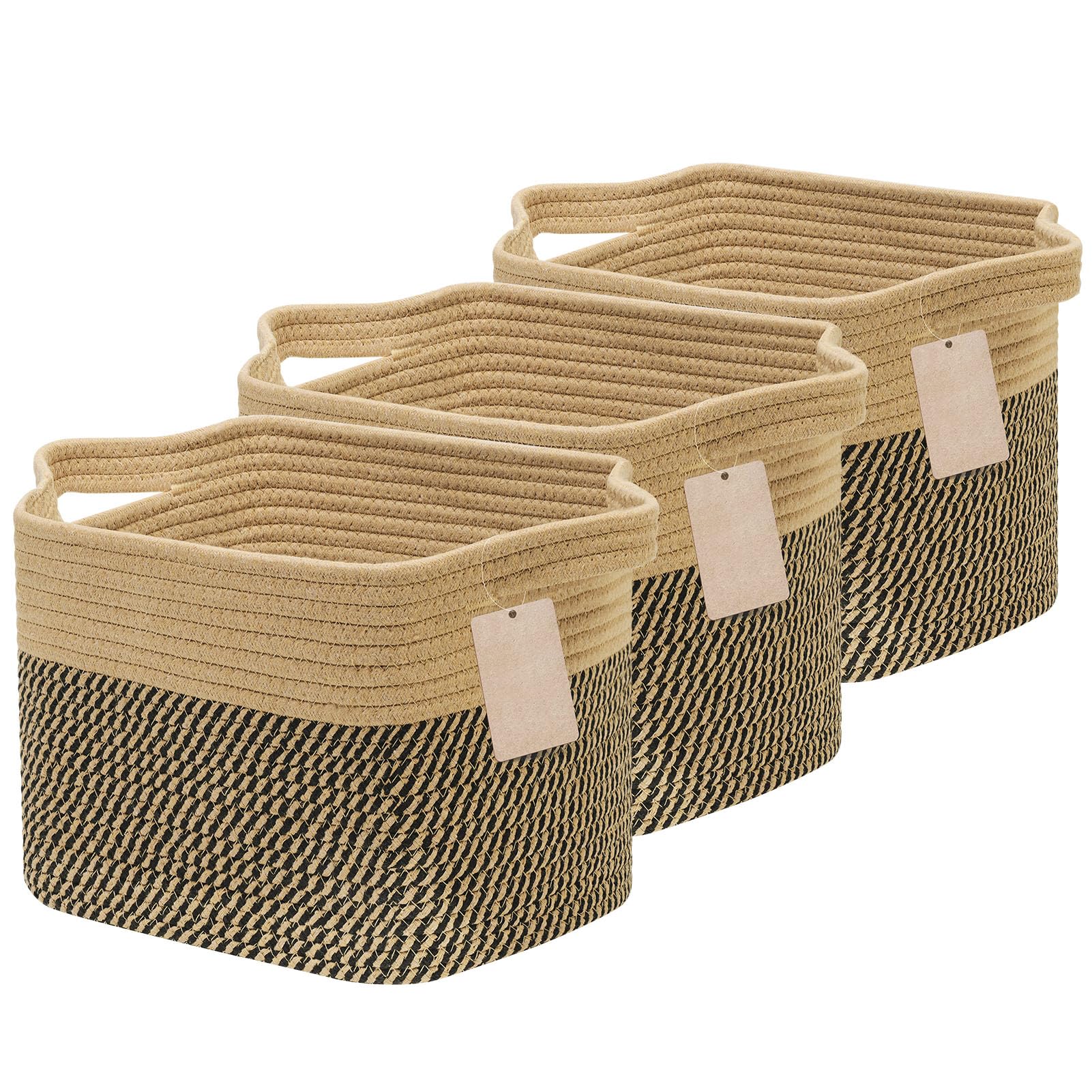 JOJOSEE Aufbewahrungskorb Geflochten 32x25x22,5cm Jute & Schwarz 3 Stück | Faltbarer Korb Aufbewahrung mit Henkel, Storage Baskets aus Baumwolle, Kleiner Organizer für Spielzeug, Bücher & Accessoires