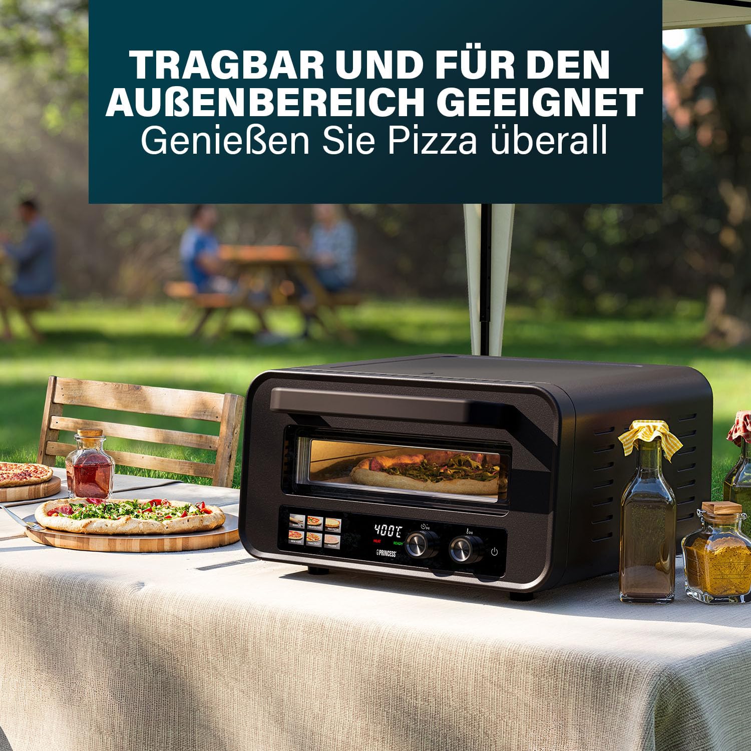 Princess Pizzaofen Pro Max, 15L, 400°C, Digitales Bedienfeld, 2100W, Pizzastein & Schaufel, Ober-/Unterhitze, Timer, Kühle Tür, Kompakt & Tragbar, Für Innen-/Außenbereich, 112780