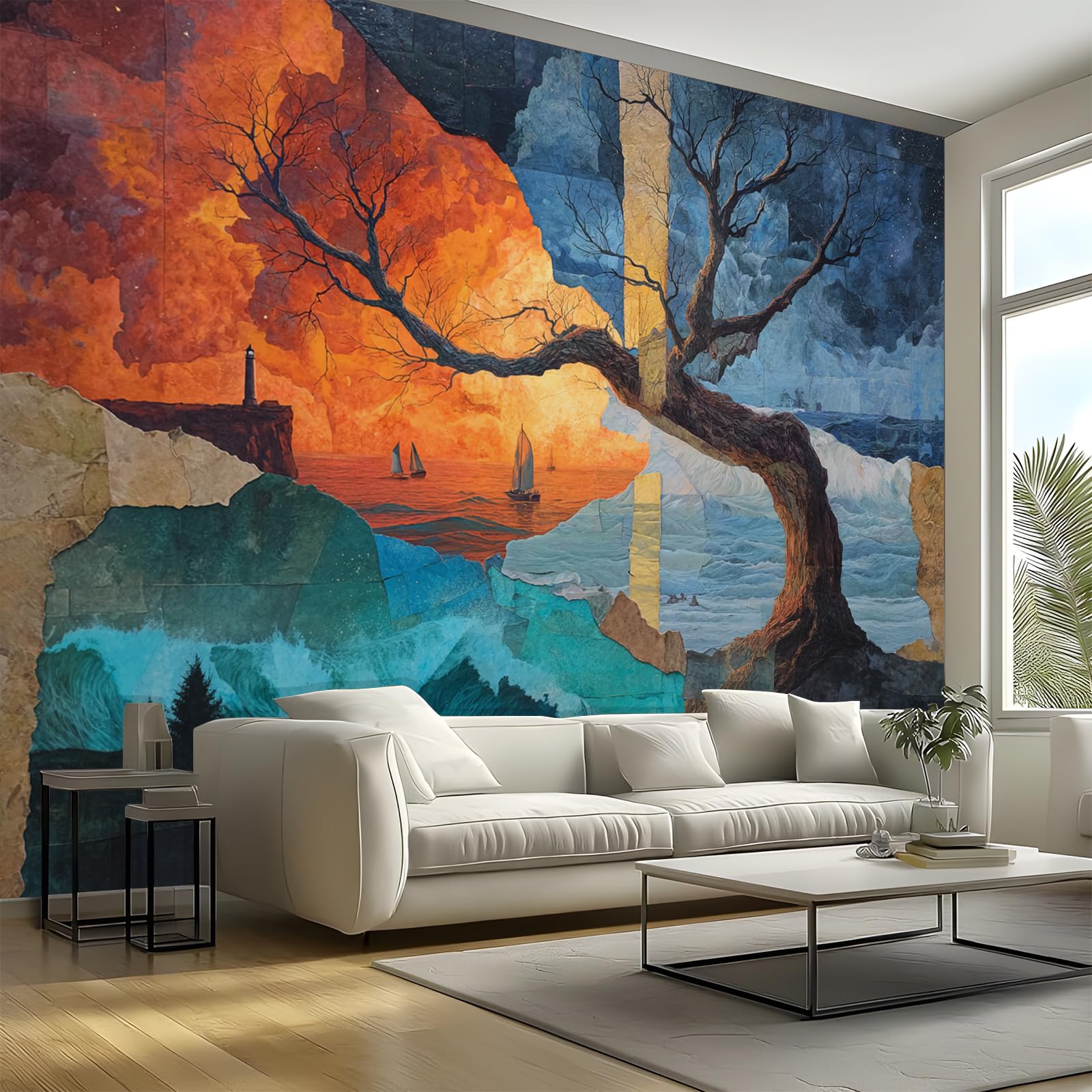 Papier Peint Panoramique Paysage Marin Abstrait Bleu Orange 300x210 cm