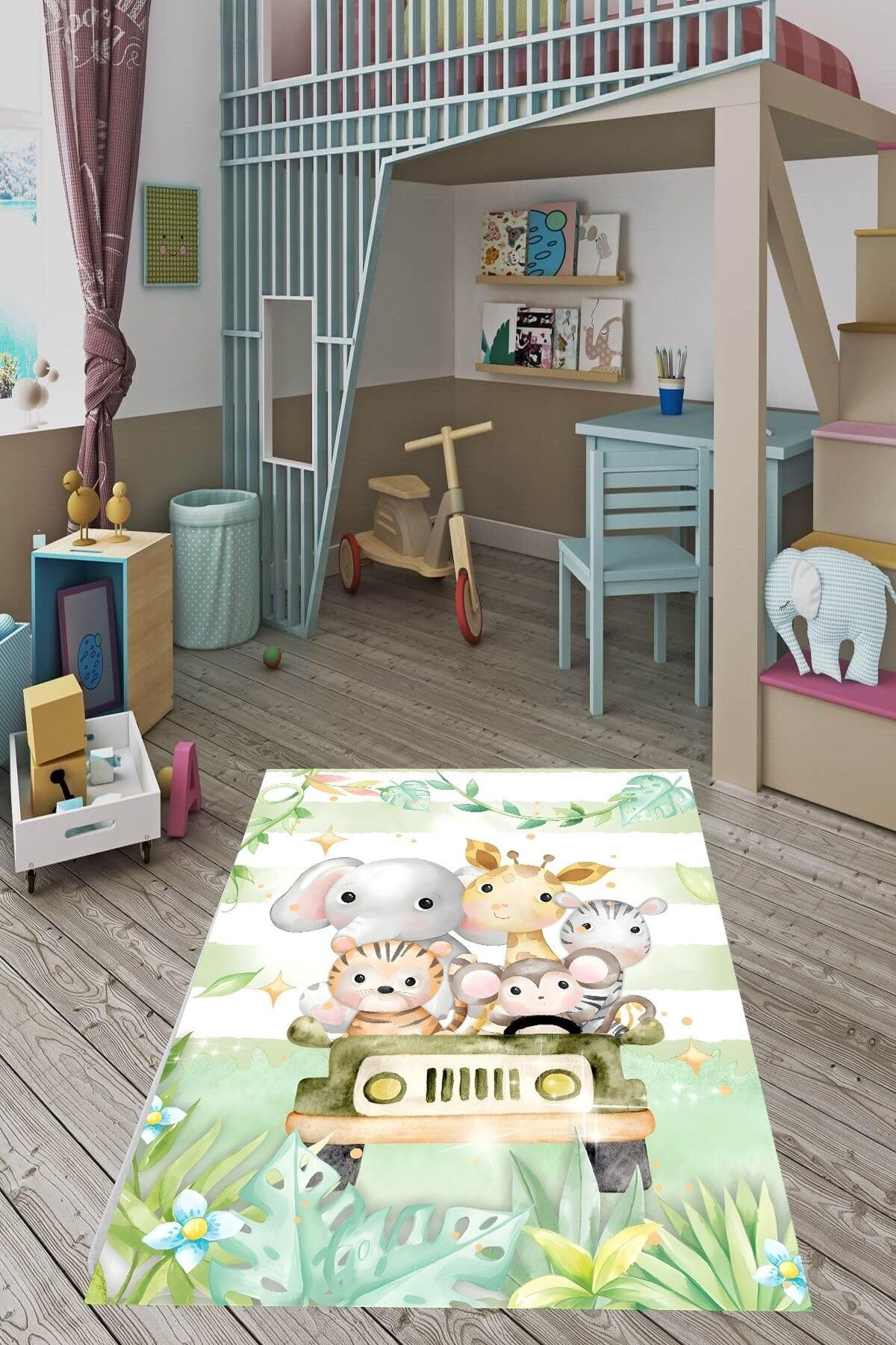 Pelangi Pastel Renkler Sevimli Hayvanlar Zürafa Yıkanabilir Kaymaz Taban Leke Tutmaz Çocuk Odası Halısık, Mint-Beyaz 160 x 300, 76420051603001