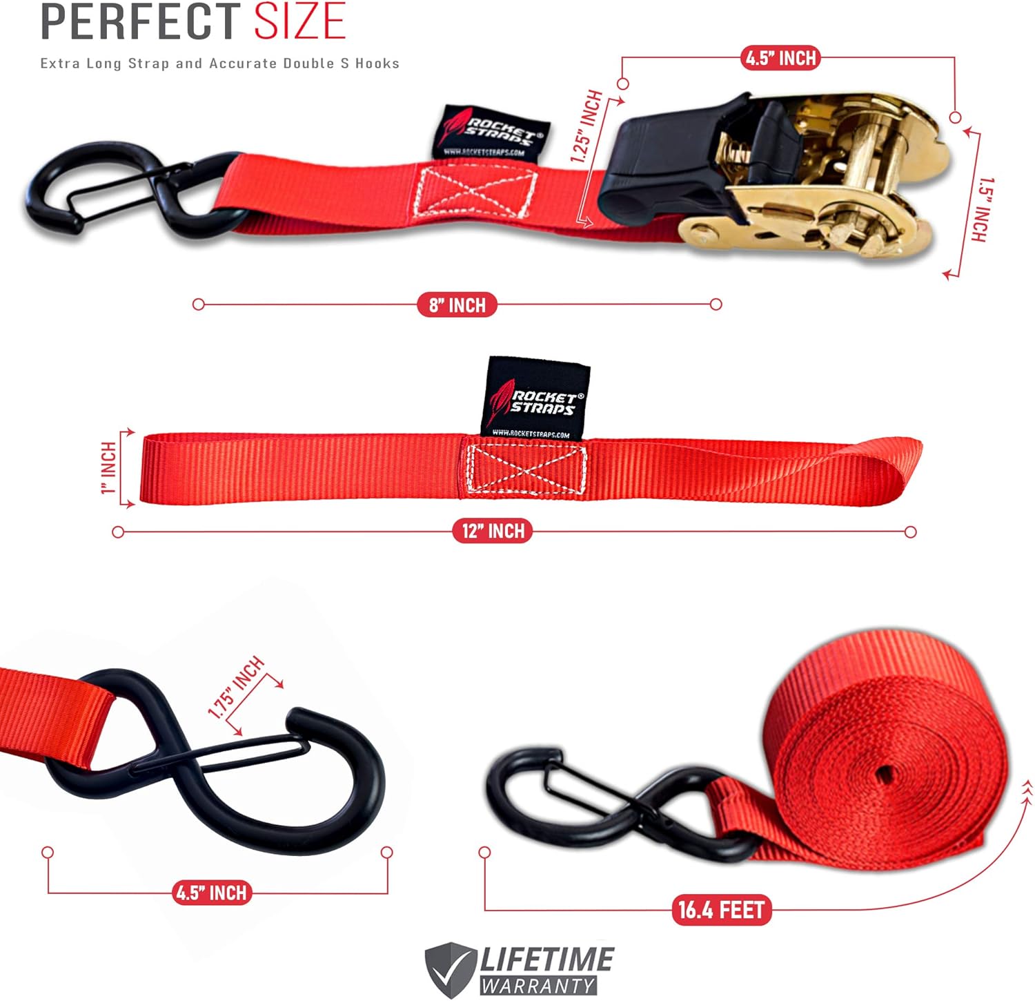 Rocket Straps - Ratchet Straps | 1" x 17' - Lab Tested 587lbs Load Cap - 1761lbs Break Strength Ratchet Tie Down Straps | 4 Ratchets & 4 Soft Loops | Light Loads, Moving, Trailer & Trucks (Red) : Tools & Home Improvement
