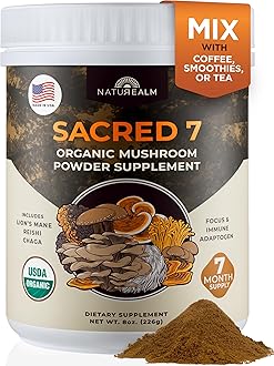 SACRED 7 Mushroom Extract Powder - USDA Organic - Lion's Mane, Reishi, Cordyceps, Maitake, Shiitake, Turkey Tail, Chaga - Immunity Supplement - Add to Coffee & Tea - Real Mushrooms - No fillers - 226g