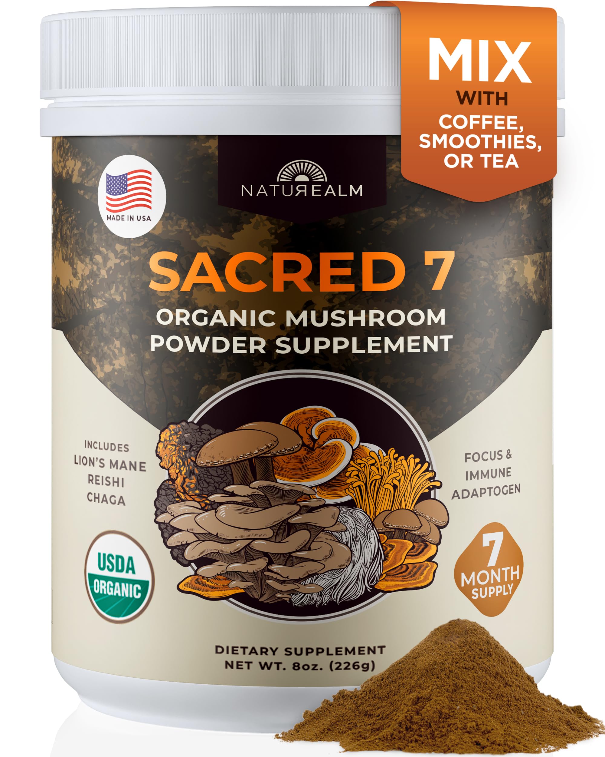 SACRED 7 Mushroom Extract Powder - USDA Organic - Lion's Mane, Reishi, Cordyceps, Maitake, Shiitake, Turkey Tail, Chaga - Immunity Supplement - Add to Coffee & Tea - Real Mushrooms - No fillers - 226g
