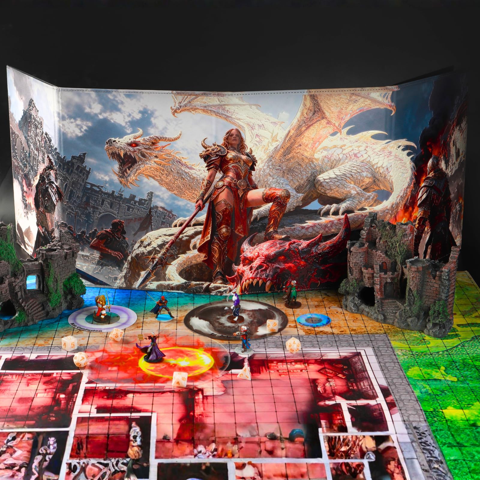 DND 5e DM ekran 8-panelowy sztuczna skóra deluxe z kołyszącymi się kieszeniami na mokro i Dungeon Master Cheat Sheets Dungeons and Dragons GM Terrain Accessories D&D prezent dla mistrzów gier TTRPG
